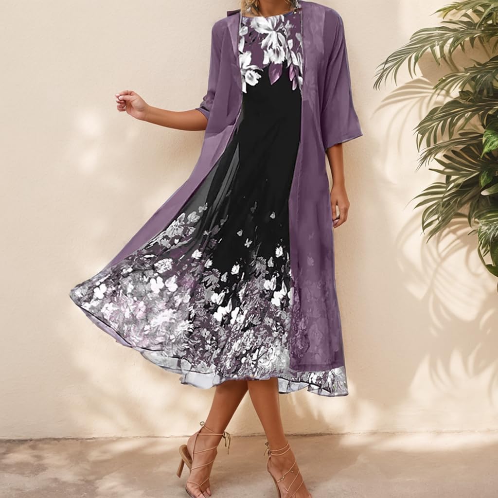 Women's Flowy Chiffon Floral Maxi Dress with Jacket 2-Piece Set - Summer Wedding Guest Dress & Cocktail Party Outfit - Perfect for Beach Vacations, Garden Parties & Formal Events