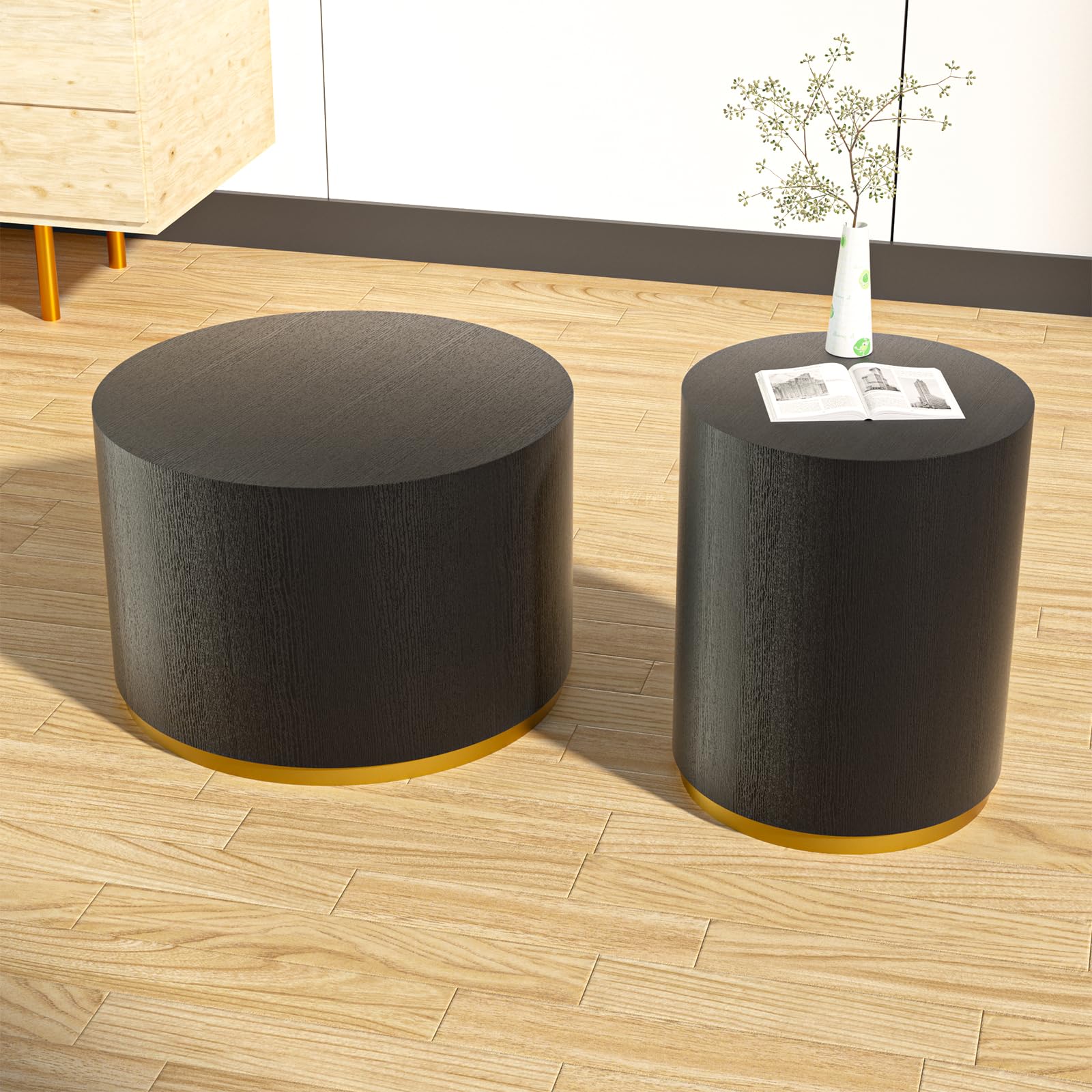 Round Coffee Table Black Side Table with Gold Metal Base - Accent End Table for Living Room, Bedroom, Apartment & Office - Perfect for Coffee, Books & Decor