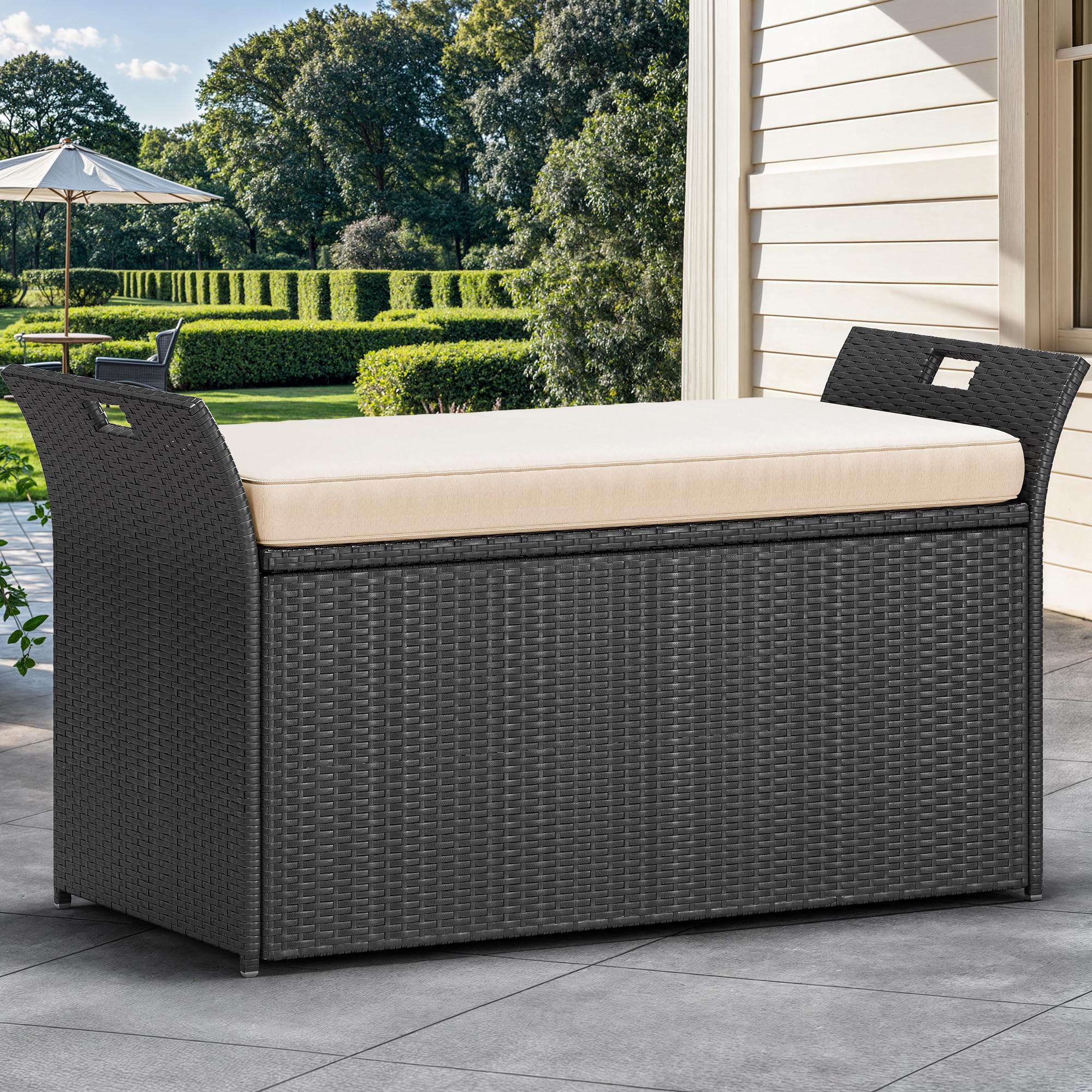 YITAHOME 90 Gallon Outdoor Wicker Storage Bench with Cushion - Large PE Rattan Deck Box with Handles & Hydraulic Lid - Perfect for Patio Furniture Storage, Garden Tools, Pool & Sports Equipment (Black & Beige) | Weatherproof Outdoor Storage Solution for Backyard, Deck & Poolside Organization