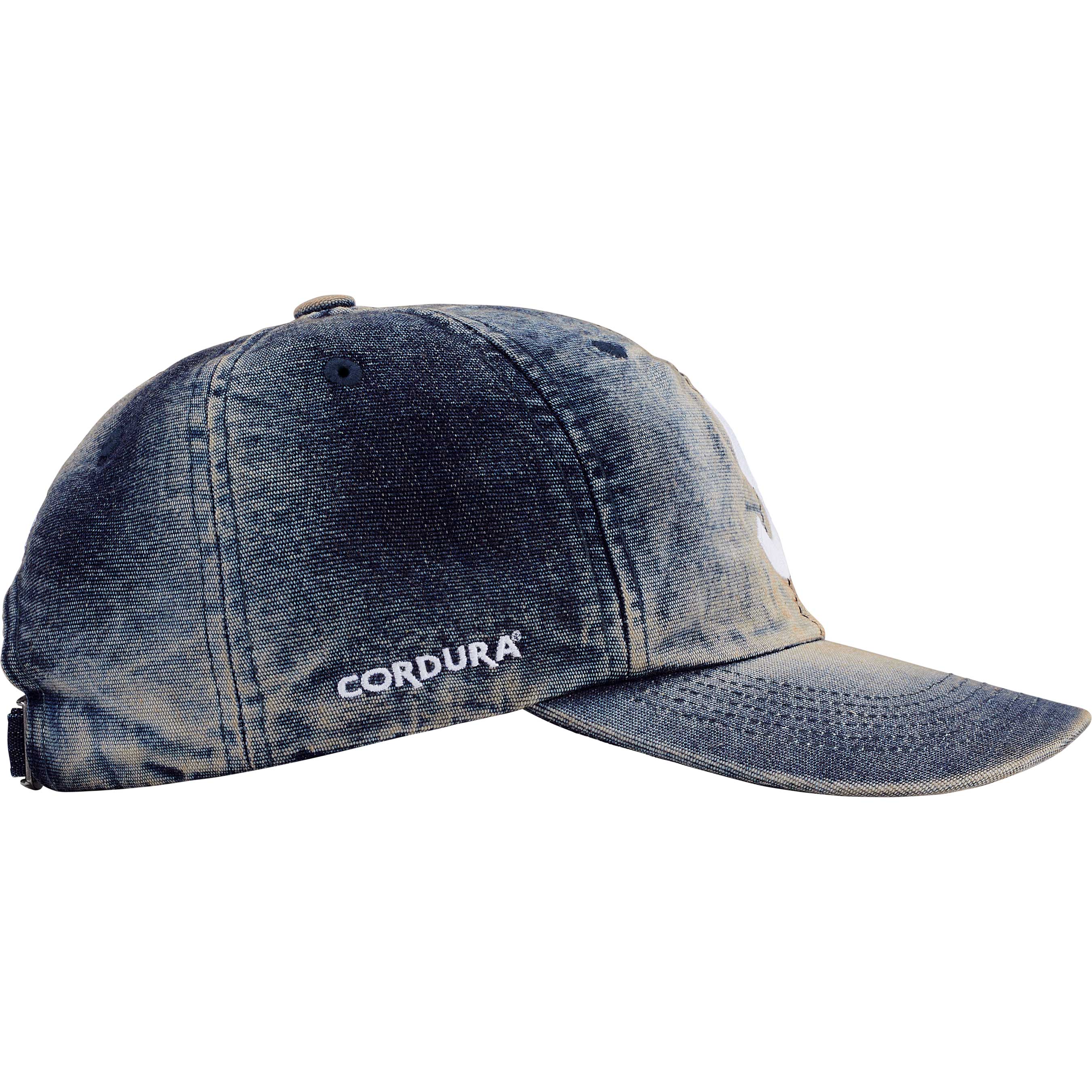Supreme Cordura® Denim S Logo 6-Panel Cap - Bleached Indigo Wash for Men & Women | Streetwear Fashion Accessory for Urban Style & Outdoor Adventures