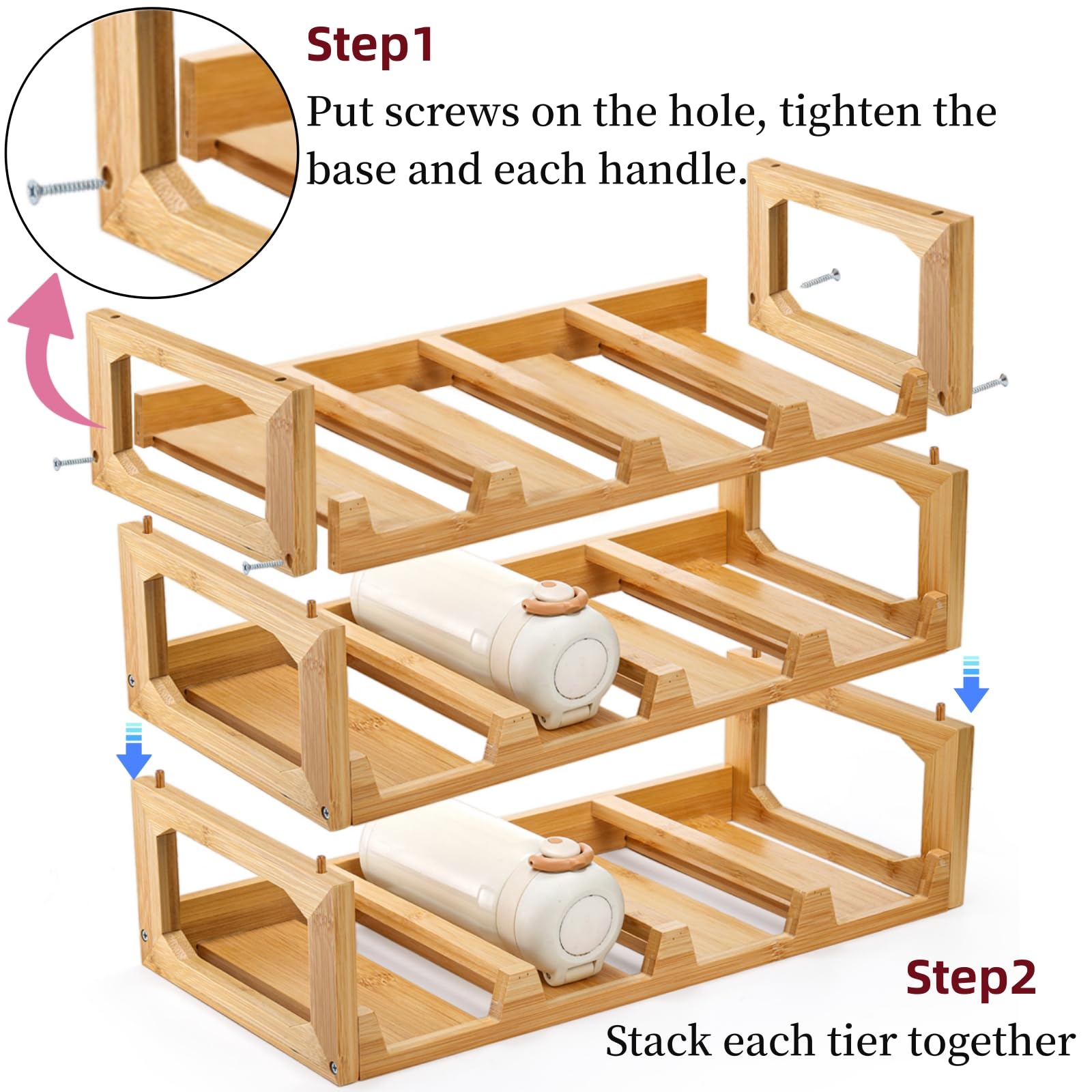 3 Tier Stackable Bamboo Water Bottle Organizer - Space Saving Tumbler & Wine Bottle Storage Rack for Kitchen Cabinet - Holds 12 Bottles - Perfect for Organizing Cups, Tumblers & Wine Bottles in Home or Office