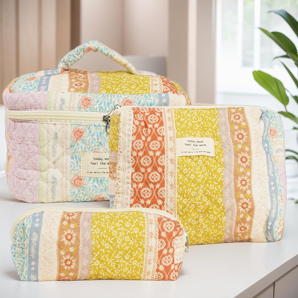 Quilted Makeup Bag Set - 3 Pcs Floral Cotton Cosmetic Organizer for Travel, Cute Aesthetic Toiletry Pouch | Perfect for Vacation, Gym, Beach & Daily Essentials Storage (Patchwork Design)