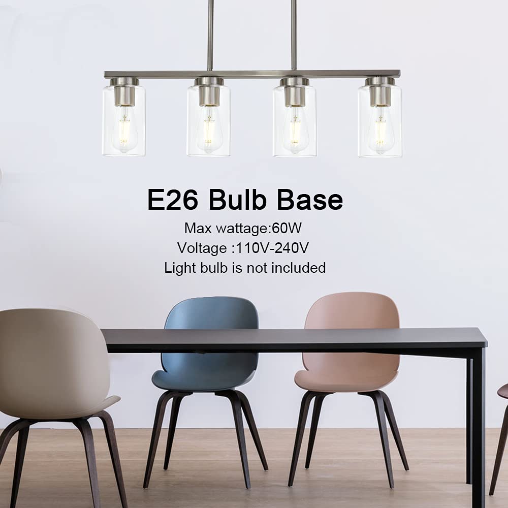 Modern 4-Light Brushed Nickel Kitchen Island Pendant Lighting with Clear Glass Shades - Perfect for Dining Room, Breakfast Nook & Kitchen Countertop Illumination