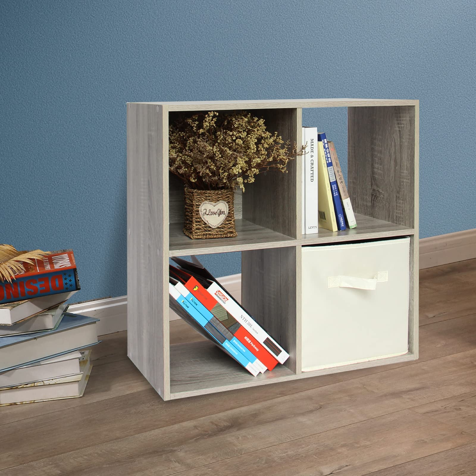 PACHIRA 4-Cube Wooden Storage Organizer - Bookshelf, Closet Cabinet & Shelf Unit for Living Room, Bedroom, Study - Oak Grey | Space-Saving Home & Office Storage Solution