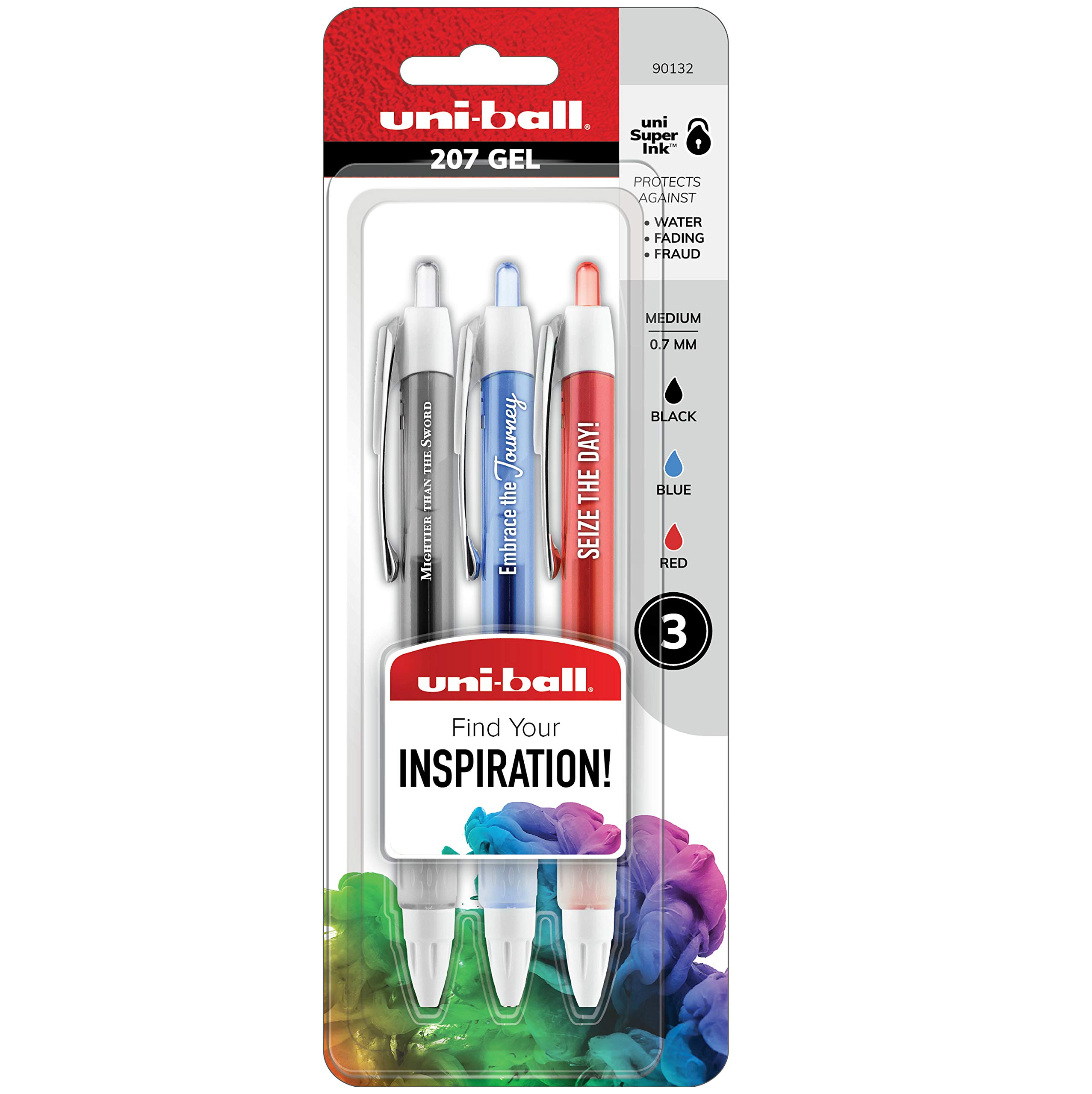 Uni-Ball Signo 207 Retractable Gel Pens - 3 Pack Medium Point (0.7mm) - Assorted Colors (Black, Blue, Red) - Vibrant Ink for Smooth Writing - Perfect for Note Taking, Journaling, Office Work & School Supplies