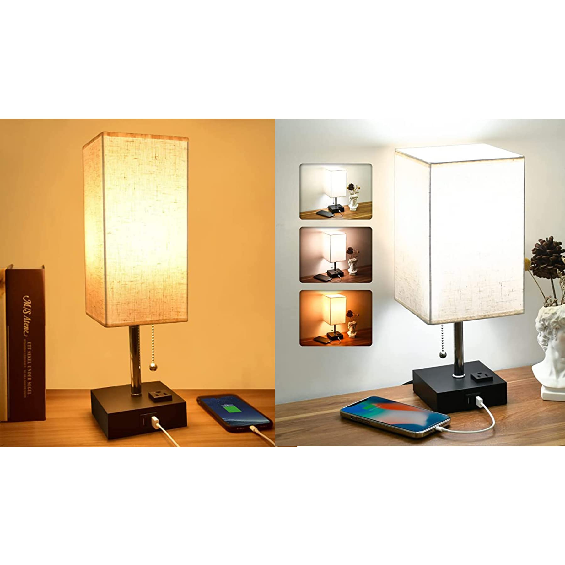 Comzler USB Table Lamp with Warm LED Bulb - Bedside Nightstand Lamp with USB Charging Port, Fabric Shade & Ambient Lighting for Bedroom, Office, or Nursery | Perfect for Reading, Relaxing & Device Charging
