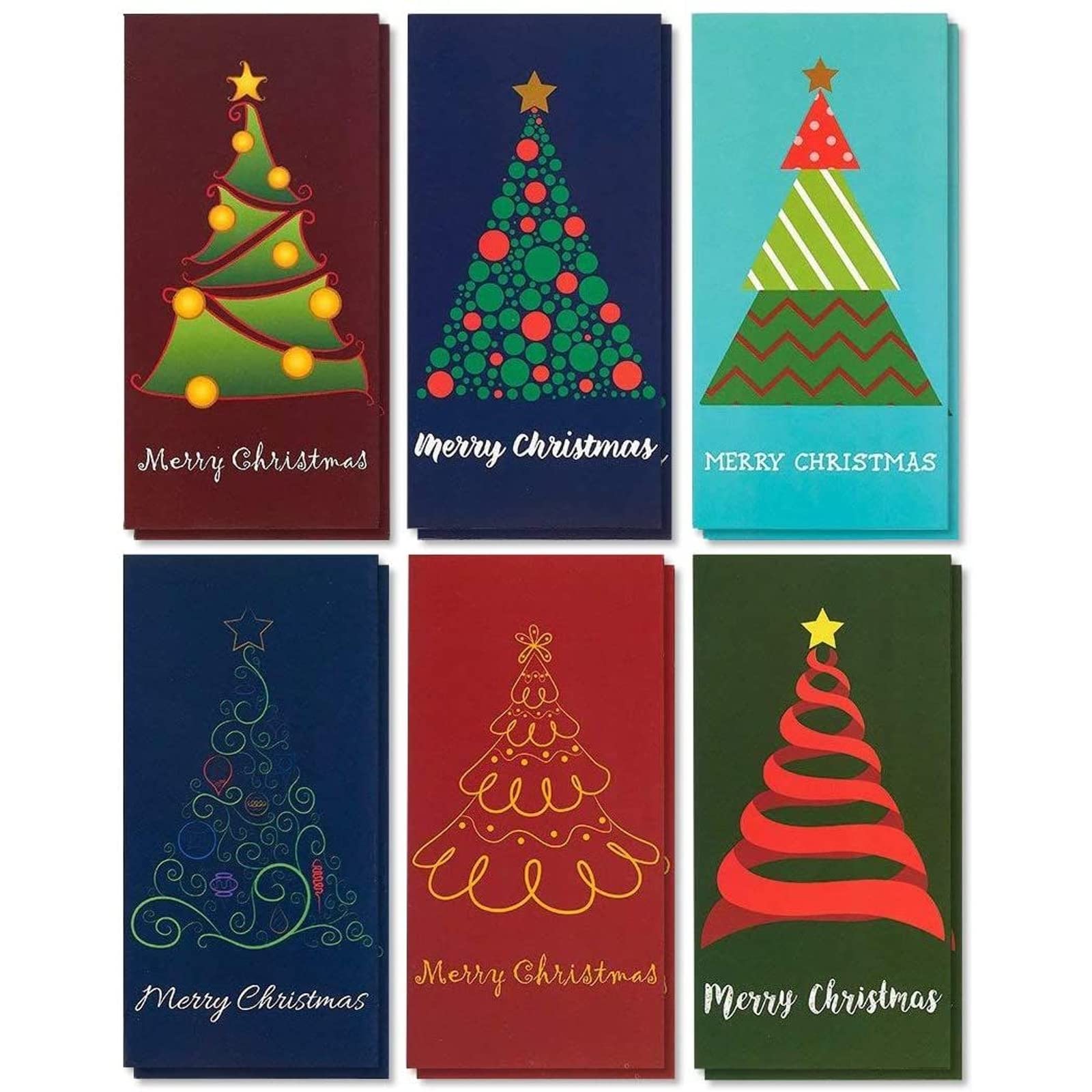 36 Pack Christmas Money Cards with Envelopes - 3.6x7.25 Inch Holiday Gift Card Holders - 6 Festive Xmas Tree Designs for Cash Gifts - Perfect for Holiday Greetings, Office Parties & Family Gift Exchanges