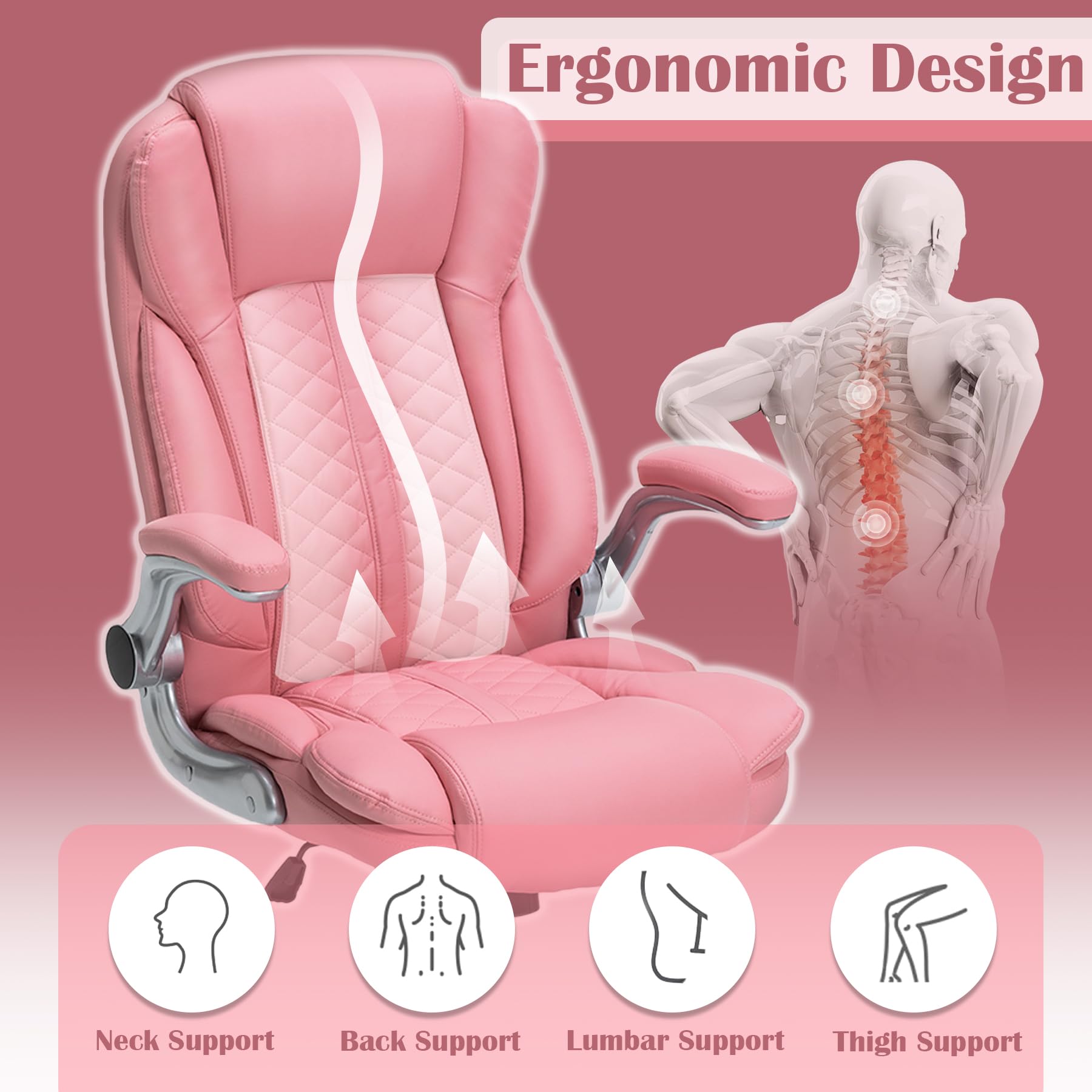 400lbs Heavy Duty Executive Office Chair with Flip-Up Armrests - Big and Tall Ergonomic Computer Chair for Heavy People - Breathable PU Leather Desk Chair in Pink - Perfect for Home Office, Gaming & Workspace Comfort