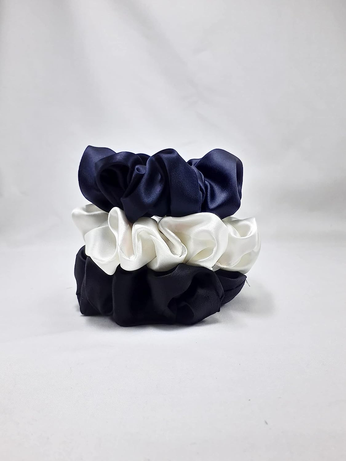 Trendy Women's Hair Scrunchies Set of 3 - Black, Off-White & Navy Blue | Soft Elastic Hair Ties for Women & Girls | Perfect for Workouts, Office & Everyday Use