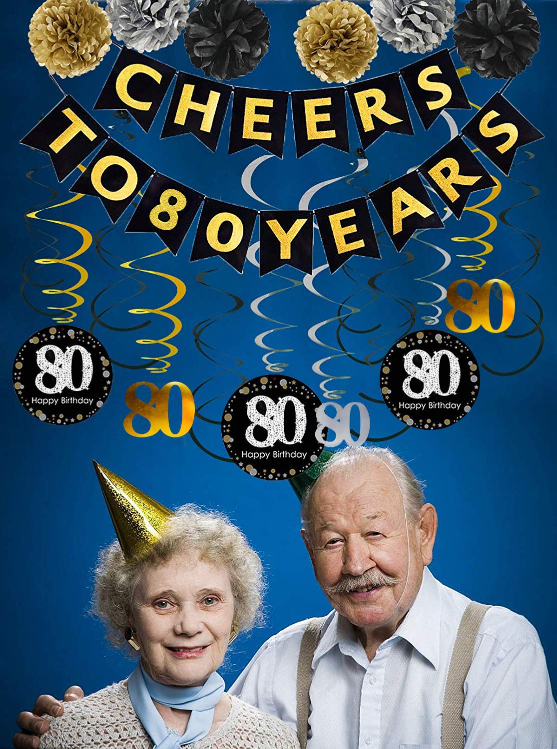 80th Birthday Party Decorations Kit - Gold Glitter Cheers to 80 Years Banner, Pom Poms, 12PCS Sparkling 80 Hanging Swirls for Anniversary Decor | Perfect for 80th Birthday Parties, Milestone Celebrations & Retirement Events