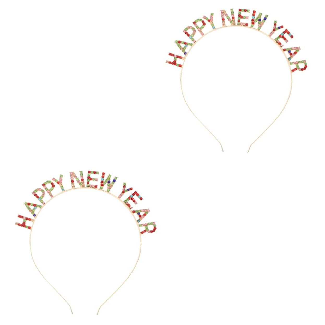 Beavorty 2 Pack Happy New Year Headbands 2023 - Sparkling Crystal Rhinestone Hair Tiaras & Party Headwear for Women, Christmas & NYE Celebrations, Weddings, Bachelorette Parties & Festive Events