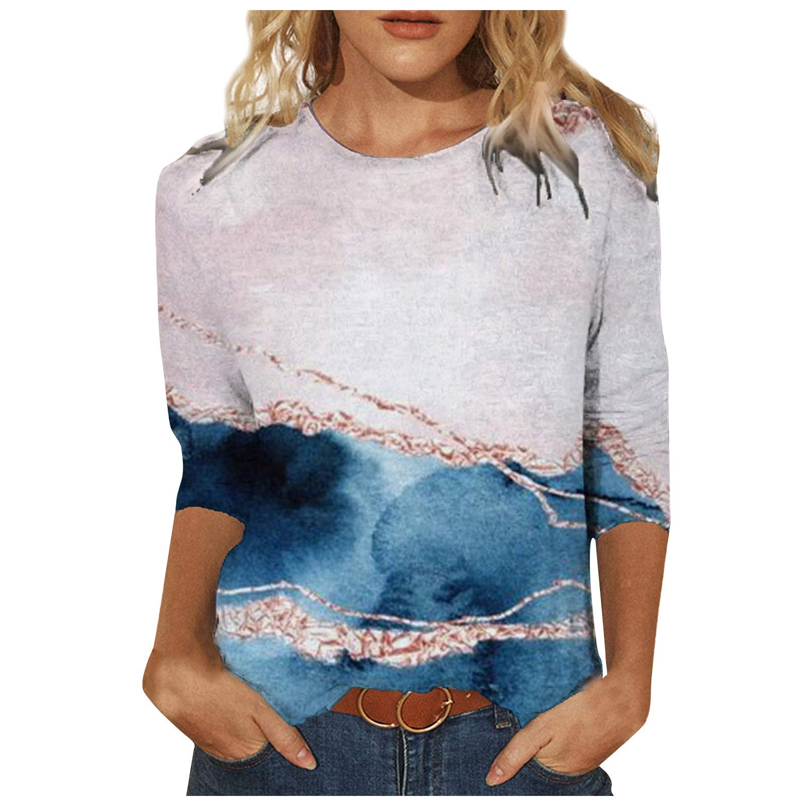 Women's Mid-Length Crew Neck Printed T-Shirt - Casual Spring Top with Long Sleeves for Running, Workout & Everyday Wear
