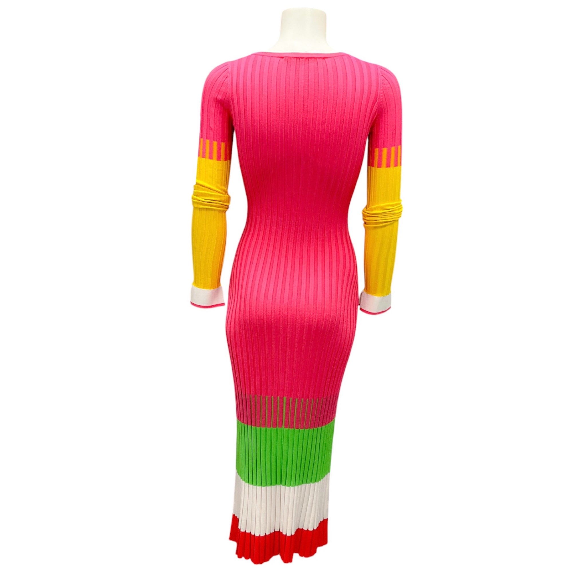 Prabal Gurung Women's Hot Pink Ribbed Knit Midi Dress with Long Sleeves - Elegant Party & Cocktail Attire for Special Occasions