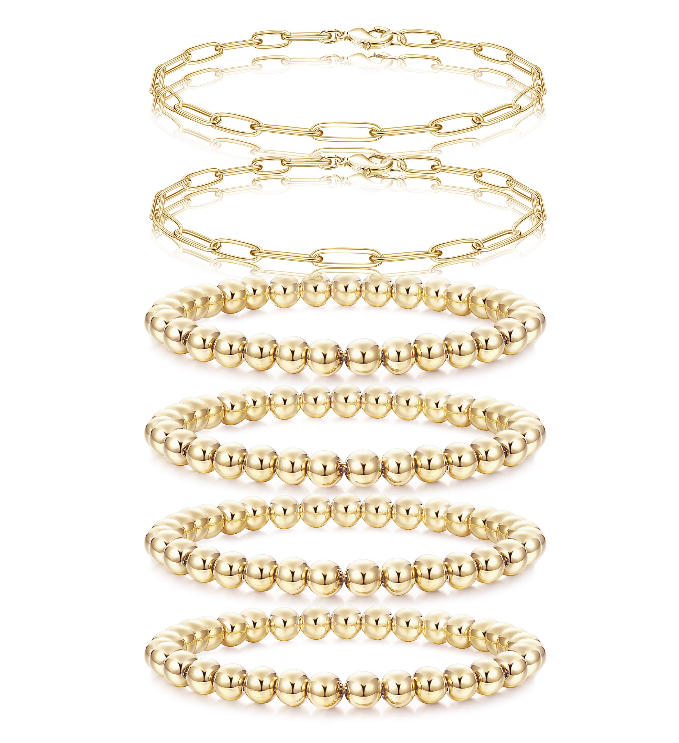 14K Gold Plated Beaded Bracelets for Women - Elegant Gold Layered Paperclip Link Chain Bracelet Set | Stretchable Elastic Wrist Jewelry for Everyday Wear, Parties & Gifts