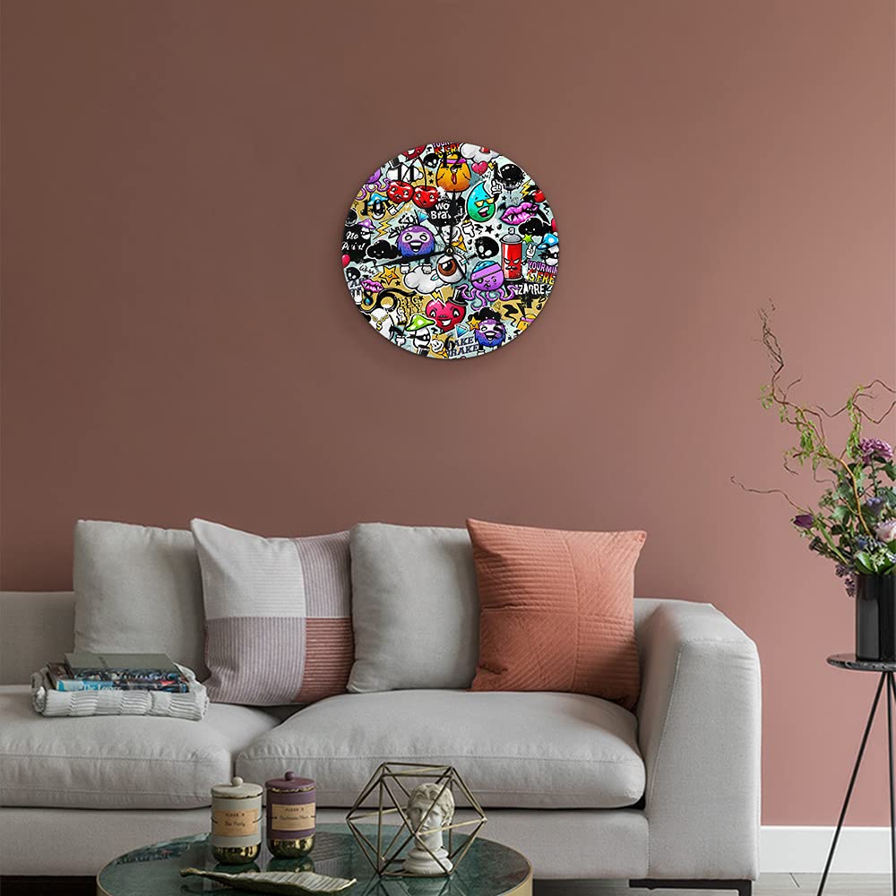 WONDERTIFY 10 Inch Silent Non-Ticking Graffiti Wall Clock with Bizarre Elements - Unique Battery Operated Round Wall Clock for Living Room, Bedroom & Office Decor