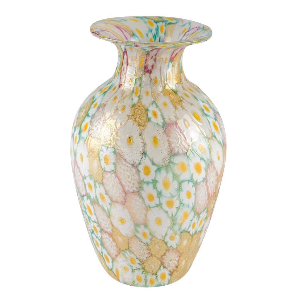 Handmade Murano Glass Vase - Millefiori Yellow & White Colorful Italian Art Piece | Perfect for Home Decor, Wedding Centerpiece & Luxury Gift