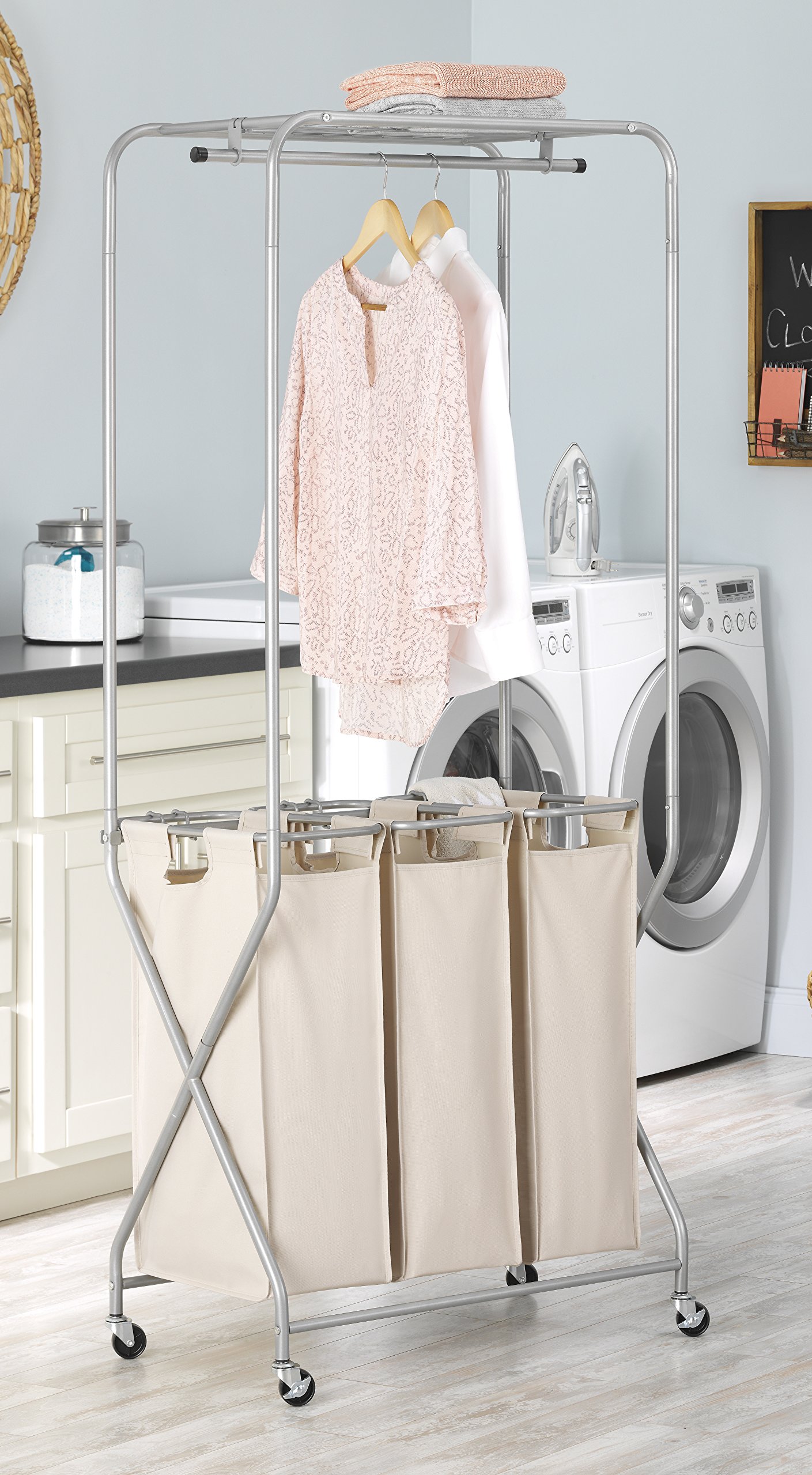 Whitmor Garment Rack with Removable Bags - Tan, Triple Sorter Laundry Center for Clothes Organization | Perfect for Bedroom, Closet & Laundry Room Storage