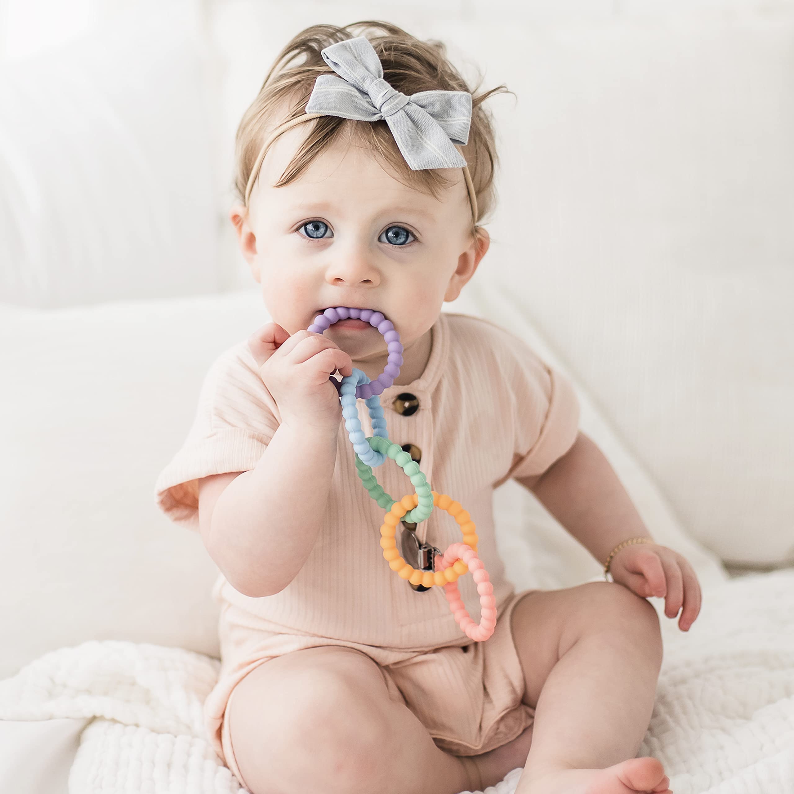 Ryan & Rose Cutie Clinks - Attachable Baby Teether Chew Toy for Soothing Sore Gums (Mosaic Pattern) | Perfect for Strollers, Car Seats & Diaper Bags | BPA-Free Infant Teething Relief