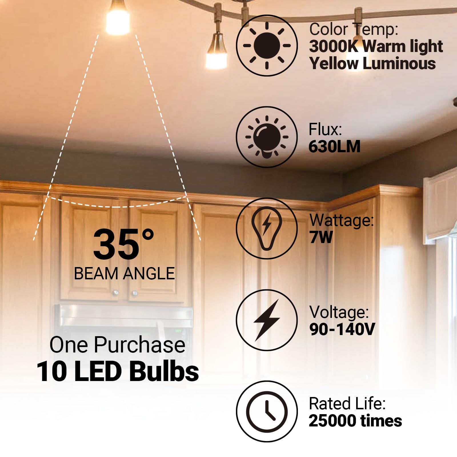 Dimmable GU10 LED Bulbs 7W (50W Halogen Equivalent) - 10 Pack Warm White 3000K, 630LM - Energy Saving Spotlights for Recessed Track Lighting, Home & Office Lighting | Perfect for Living Rooms, Kitchens, and Retail Displays