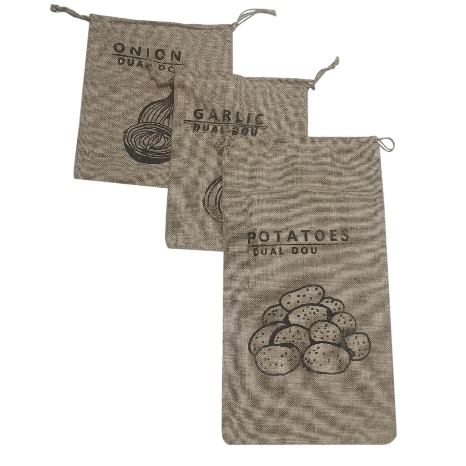 Organic Burlap Onion and Potato Storage Bags - 3 Pack Reusable Jute Drawstring Produce Bags for Garlic, Onions, Potatoes - Perfect for Kitchen Pantry Organization, Root Vegetable Storage & Eco-Friendly Food Preservation