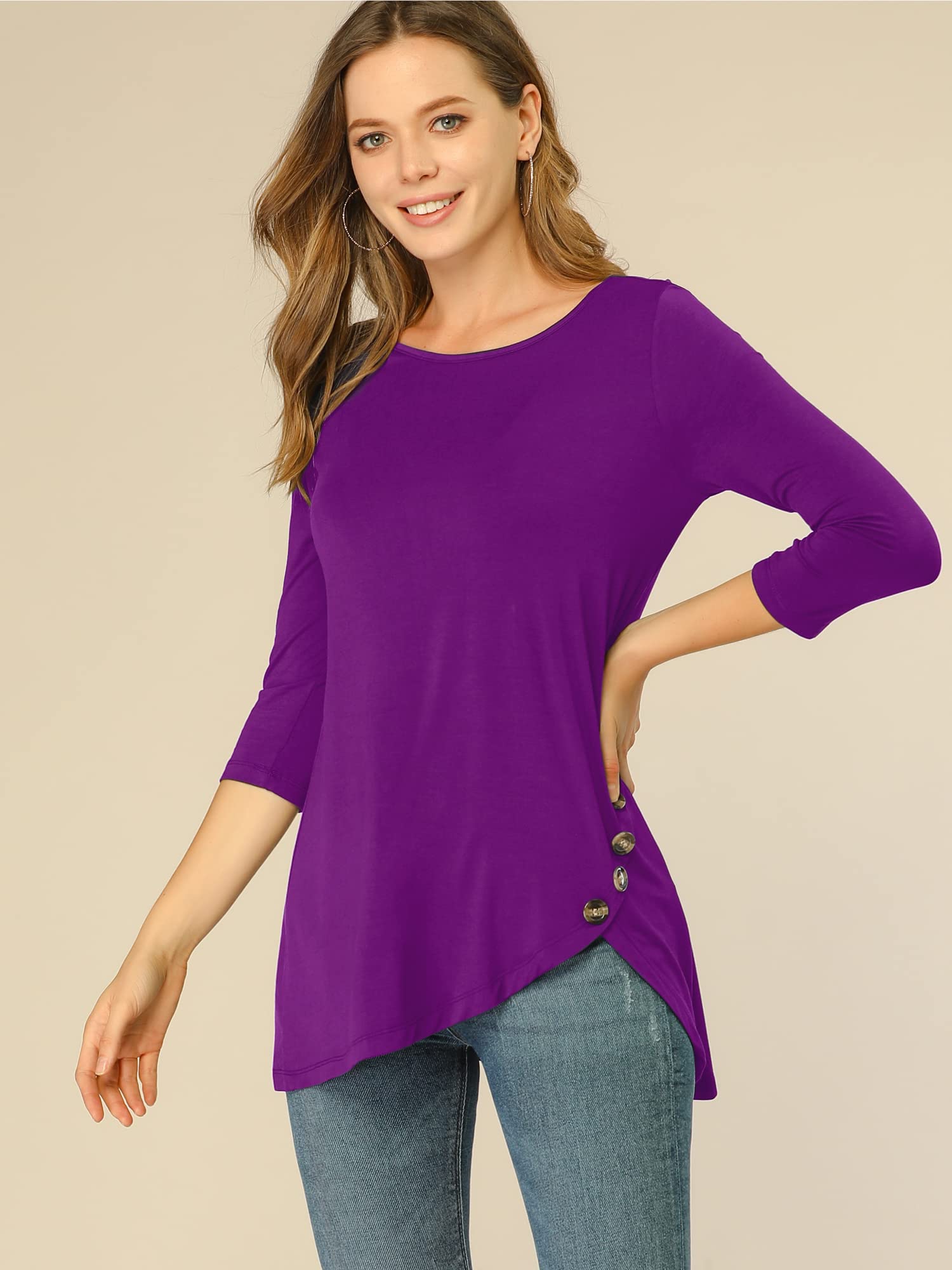 Allegra K Women's Loose Asymmetrical Hem Tunic T-Shirt - 3/4 Sleeve Round Neck Casual Top for Spring 2025 | Perfect for Office Wear, Weekend Outfits & Layering