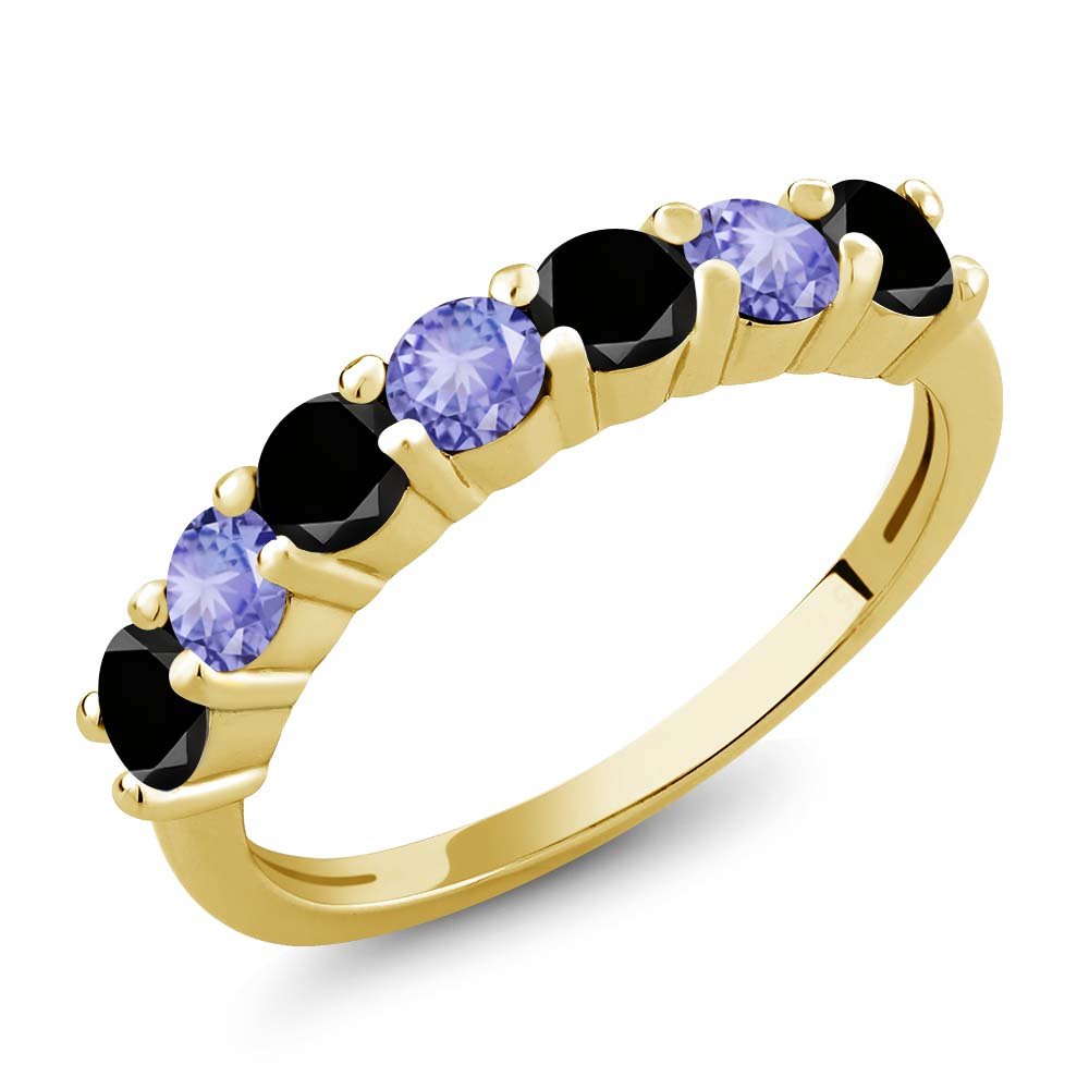 1.22 Ct Round Black Diamond & Blue Tanzanite 18K Gold Plated Silver Ring for Women - Anniversary, Engagement, Wedding Gift - Elegant Jewelry for Special Occasions