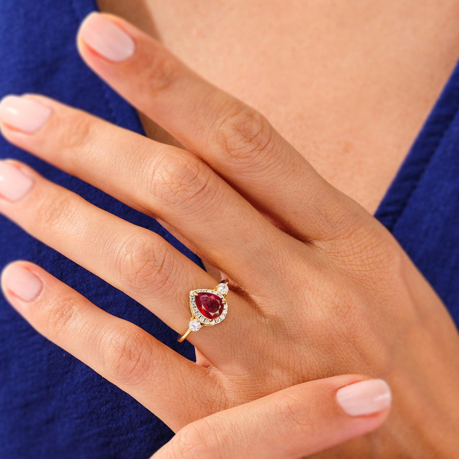 Natural Pear-Shaped Faceted Ruby Halo Ring - Elegant Engagement & Wedding Jewelry for Women - Perfect for Proposals, Anniversaries & Special Occasions