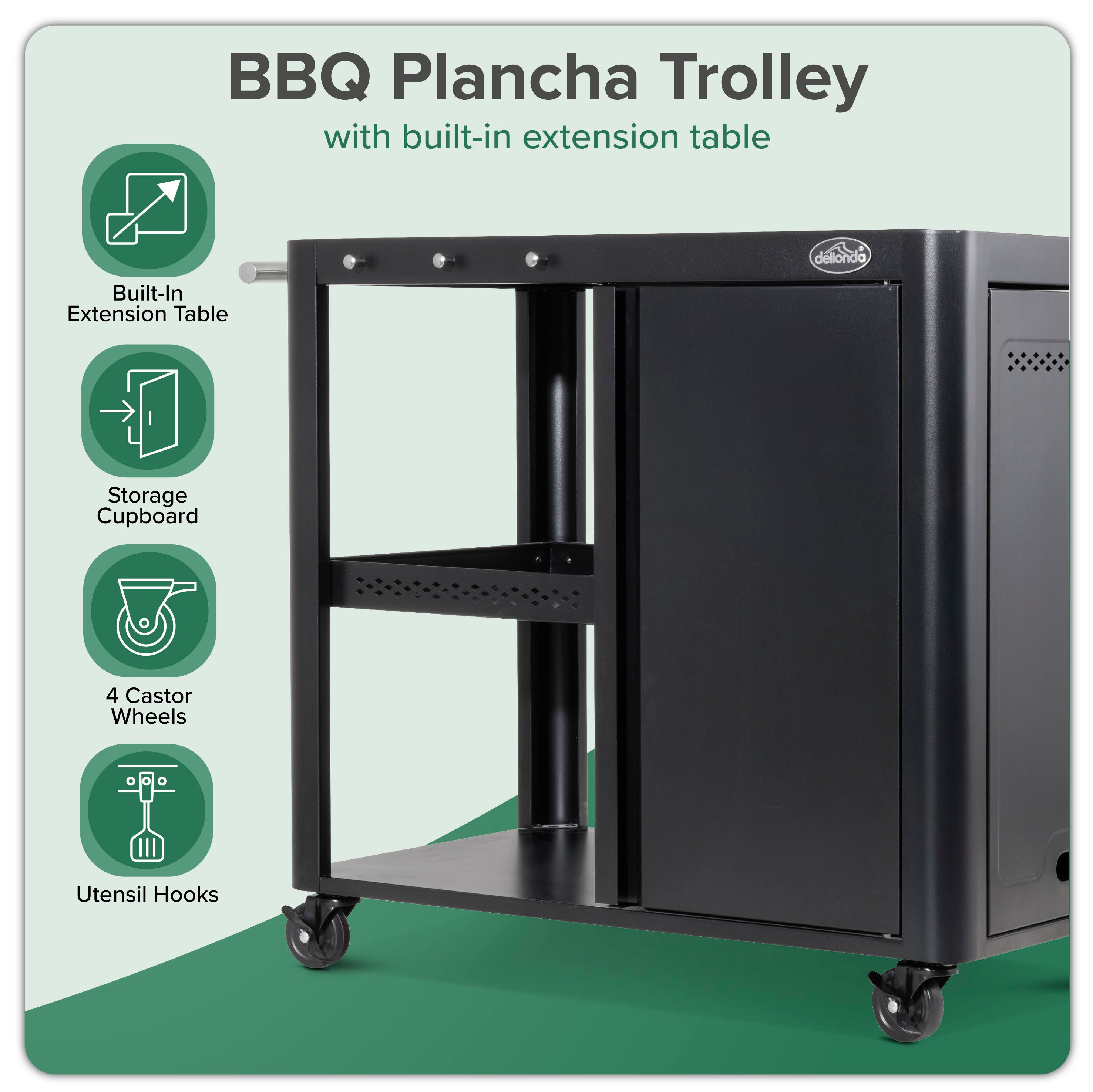 Premium BBQ Grill Cart with Storage Cabinet, Extendable Side Table & Utensil Hooks - Heavy Duty Outdoor Cooking Station for Patio, Backyard & Camping - Black (Model DG282)