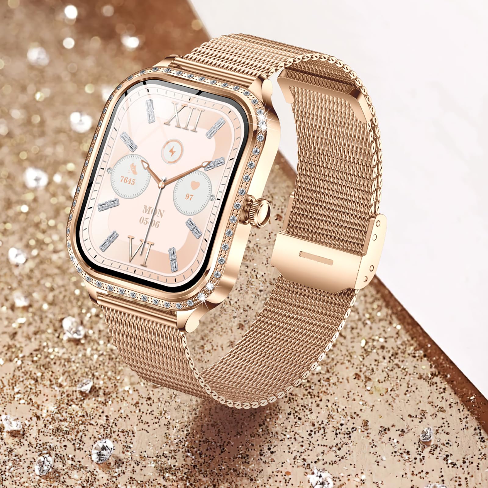 Luxury Diamond Smart Watch for Women - Gold Designer Fitness Tracker with Call Function, Heart Rate & Sleep Monitor, IP68 Waterproof - Perfect for Workouts, Office & Everyday Wear