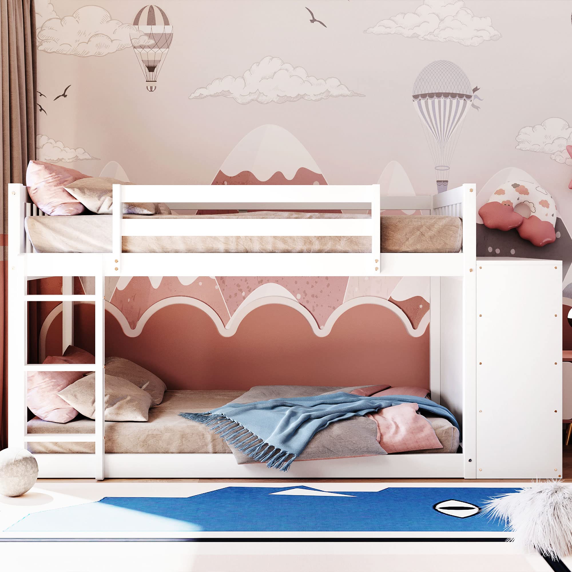 Twin Over Twin Bunk Bed with Storage - Solid Wood Bunk Bed with 4 Drawers & 3 Shelves - Low Profile Bunk Bed for Kids, Teens & Adults - Perfect for Small Bedrooms, Guest Rooms & Vacation Homes (White)