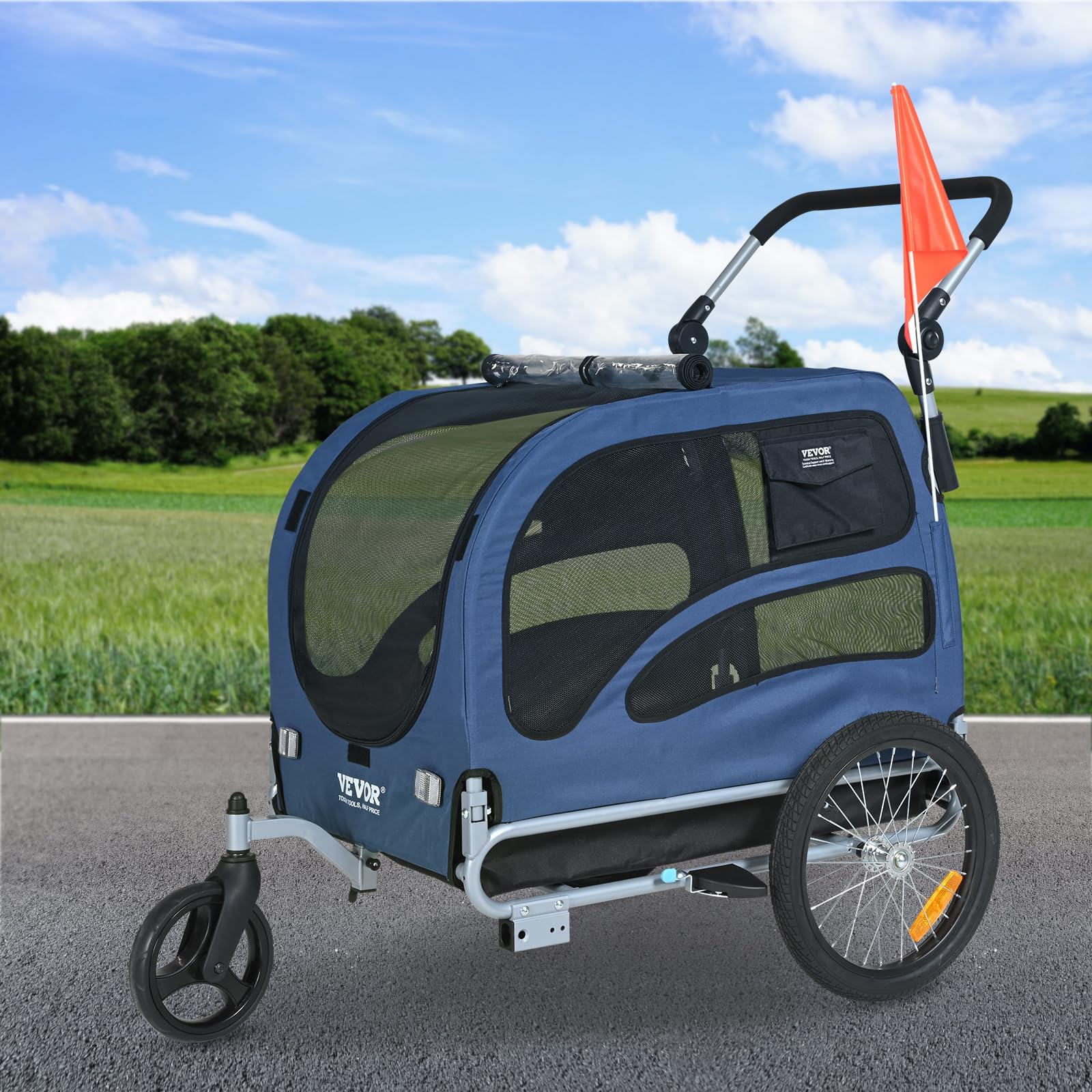 VEVOR 2-in-1 Dog Bike Trailer & Pet Stroller - 100 lbs Capacity, Foldable Bicycle Carrier with Quick Release Wheels, Universal Coupler, Safety Reflectors & Flag (Blue/Black) - Perfect for Cycling Adventures & Daily Walks with Your Pet