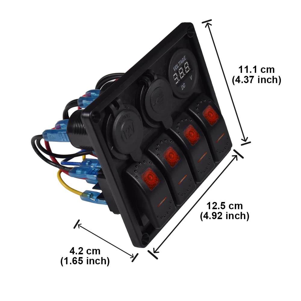 4 Gang Rocker Switch Panel with Dual 3.1A USB Ports & 12V Socket - Waterproof Rubber Panel with LED Voltmeter for Car, Boat, Truck - Perfect for Marine, RV & Off-Road Vehicle Electrical Systems