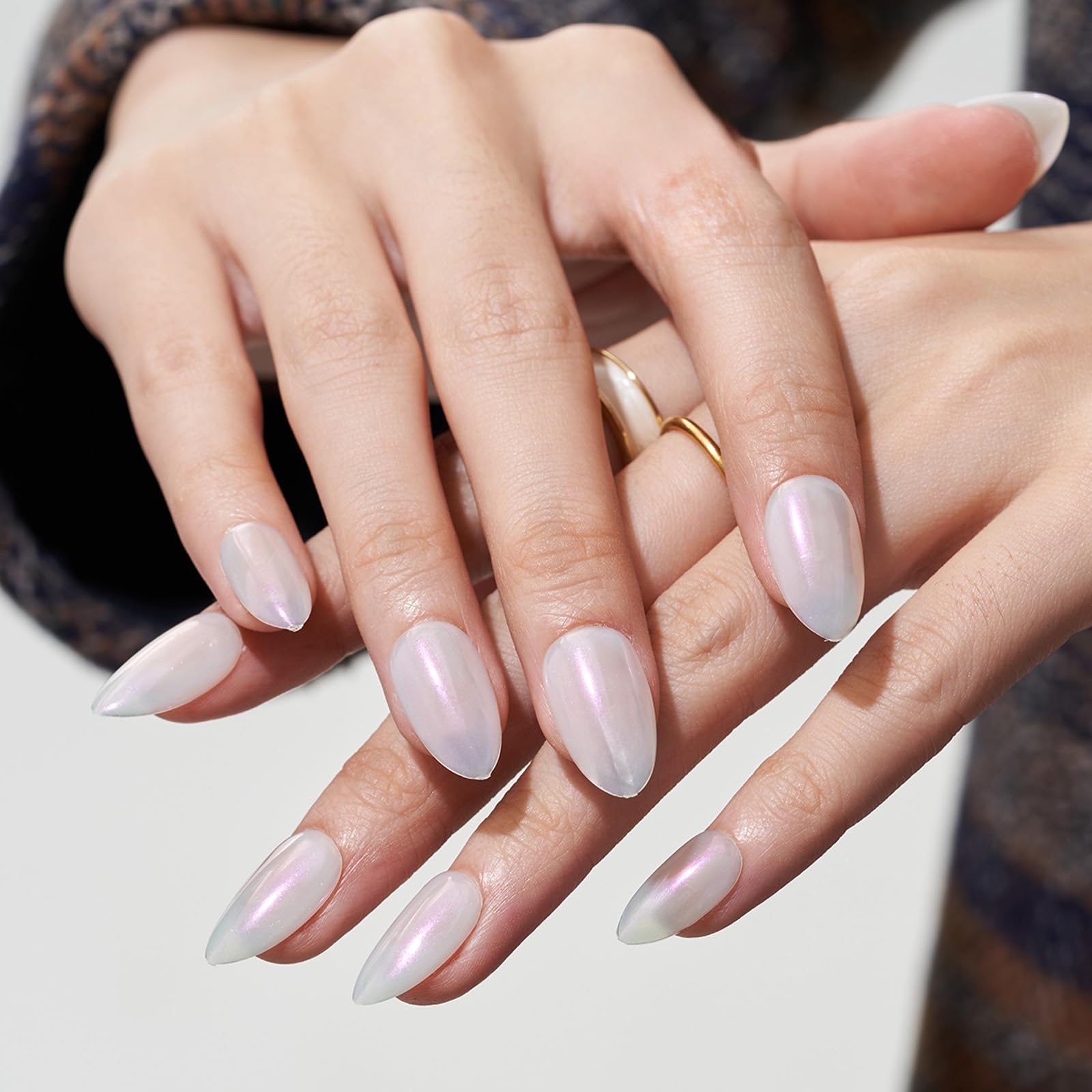 GLAMERMAID Short Almond Press on Nails - 24Pcs White Pearl Mermaid Chrome Fake Nails with Glossy UV Finish | Reusable Acrylic False Nails Manicure Kit for Women | Perfect for Spring Parties, Weddings & Everyday Glam