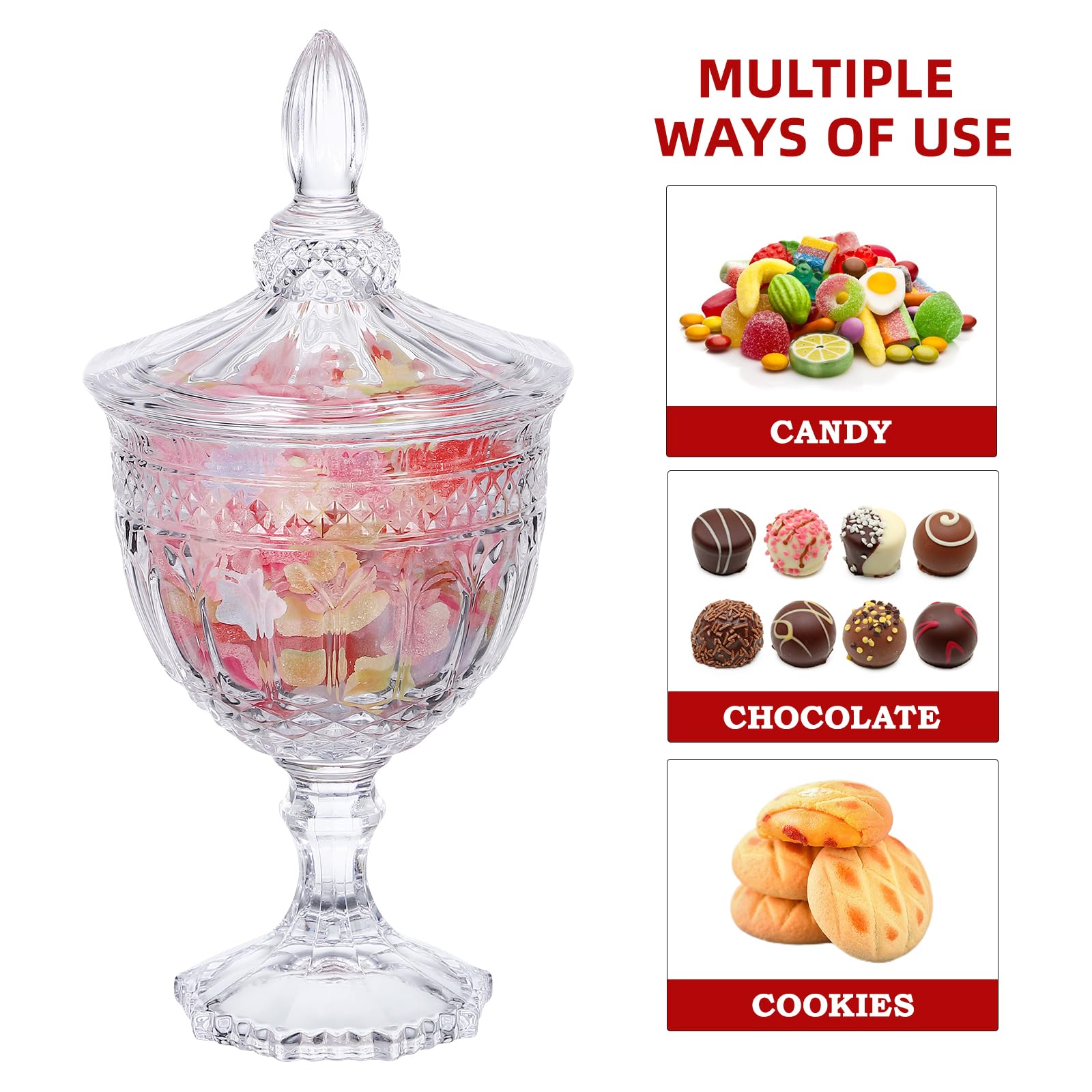 DOITOOL Glass Footed Candy Dish with Lid - Clear Covered Candy Bowl, Crystal Cookie Jar, Decorative Apothecary Jar for Candy Buffet, Party, Home & Office - Perfect for Weddings, Baby Showers & Holiday Decor