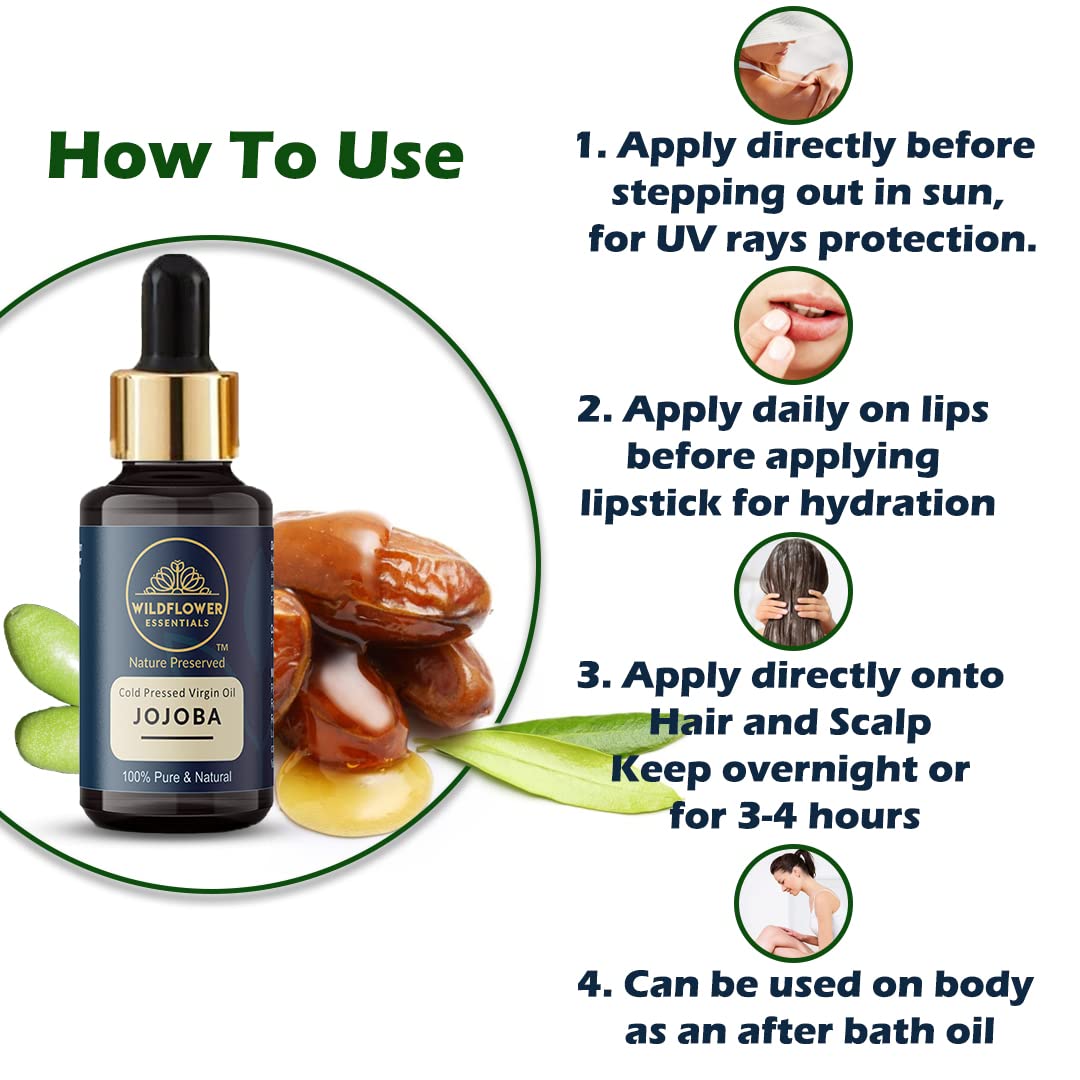 Wildflower Essentials Cold Pressed Jojoba Oil - Lightweight Nourishing Moisturizer for Face, Hair & Body - All Skin Types - Natural Lip Balm, Makeup Remover & Cuticle Treatment (30ml) - Perfect for Daily Skincare Routine & DIY Beauty Recipes