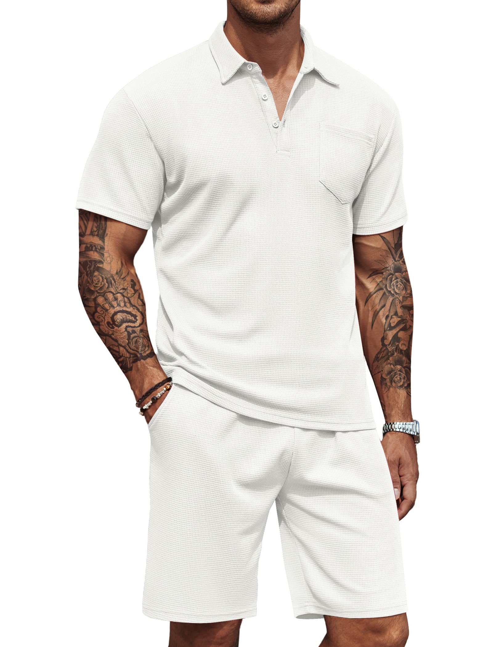 COOFANDY Men's Waffle Knit Polo Shirt & Shorts 2-Piece Summer Outfit - Breathable Casual Tracksuit with Pockets | Perfect for Beach Vacation, Weekend Wear & Outdoor Activities
