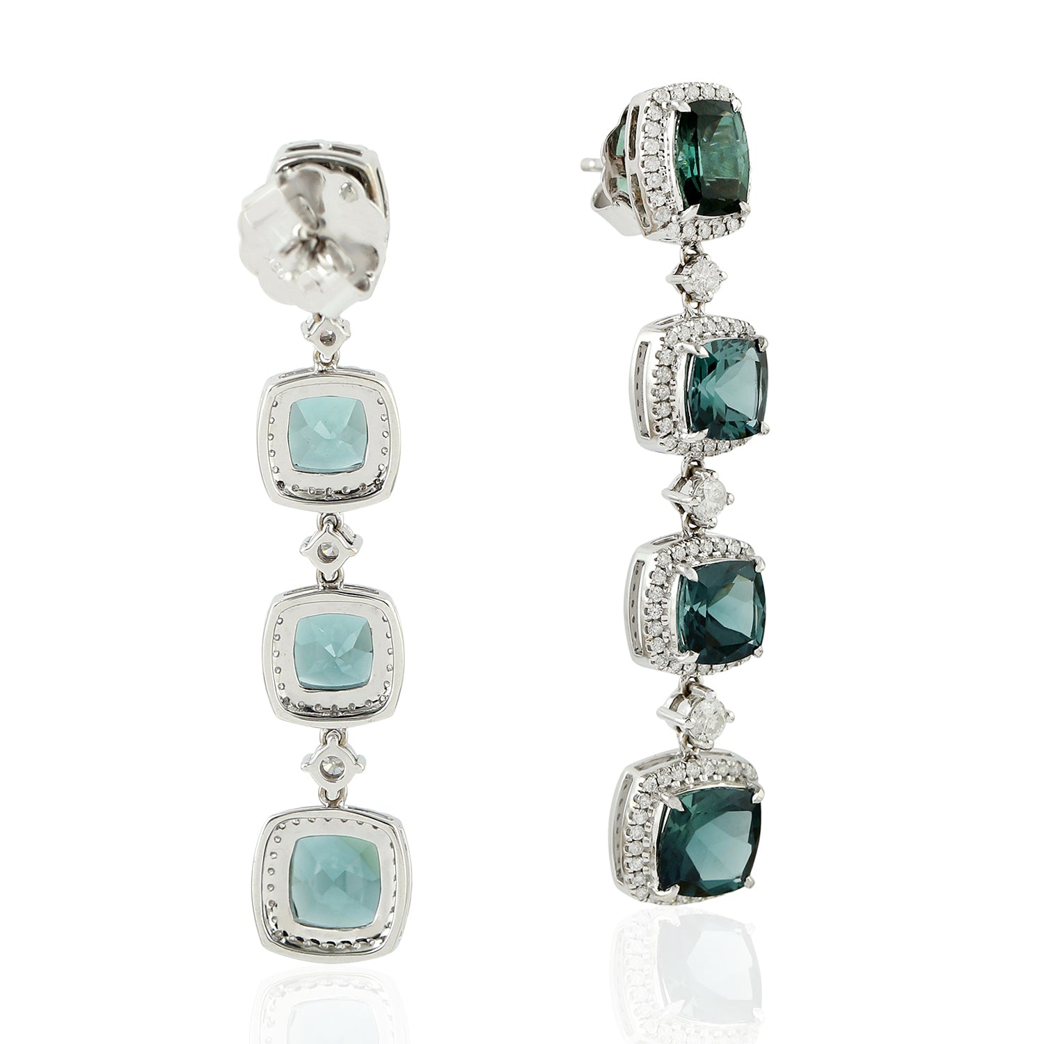 Exquisite 18K White Gold Cushion Cut Green Tourmaline Pave Diamond Drop Earrings for Women - Perfect for Weddings, Parties & Special Occasions