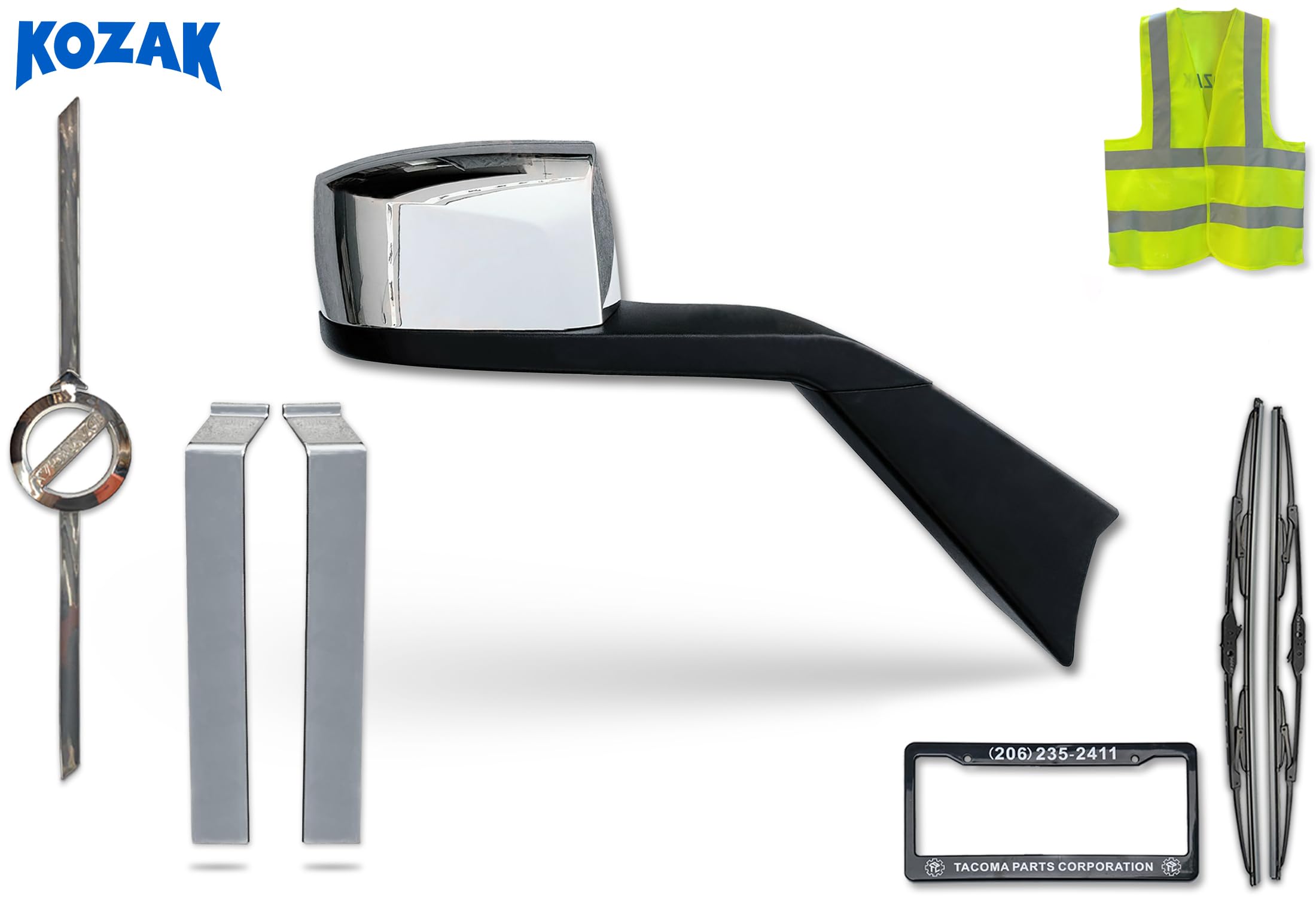 Heated Chrome Mirror with Hood & Chrome Trim Mold Bumper Pair for Volvo VNL 2018+ (Right Passenger Side) | Includes 2 Wipers, License Plate Frame & Vest | Perfect for Truck Upgrades & Winter Driving Safety