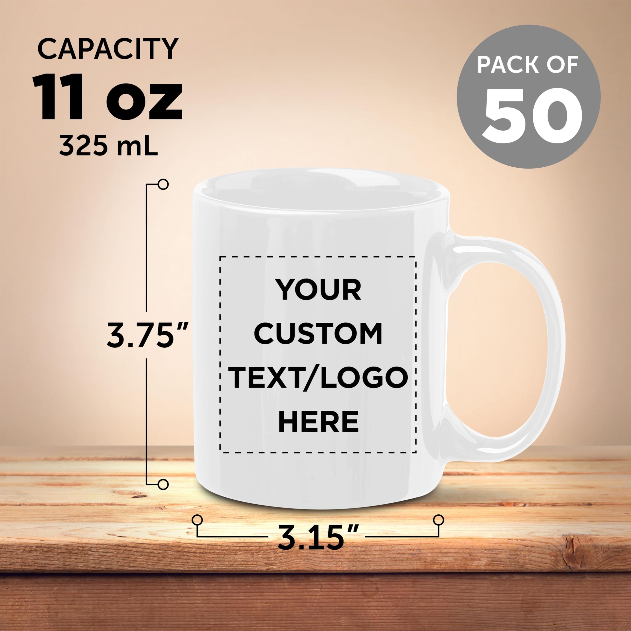Custom Personalized Ceramic Coffee Mugs 11 oz Bulk Set of 50 - White Coffee Cups for Hot & Iced Drinks, Gaming, Office Use - Perfect for Restaurants, Cafes, Corporate Gifts and Events