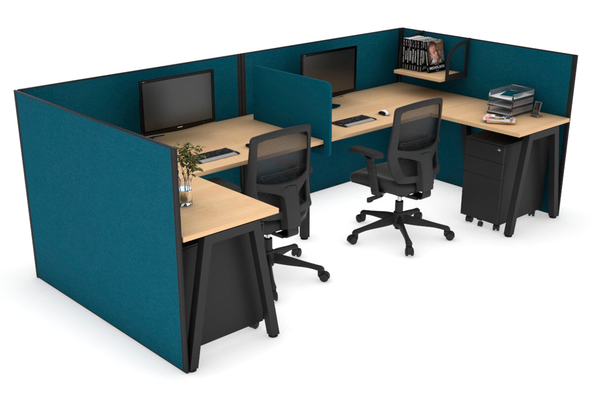 Quadro A Legs 2-Person Corner Workstation - U-Shaped Black Frame Office Desk [1600L x 1800W with Cable Management] - Perfect for Collaborative Workspaces & Home Offices