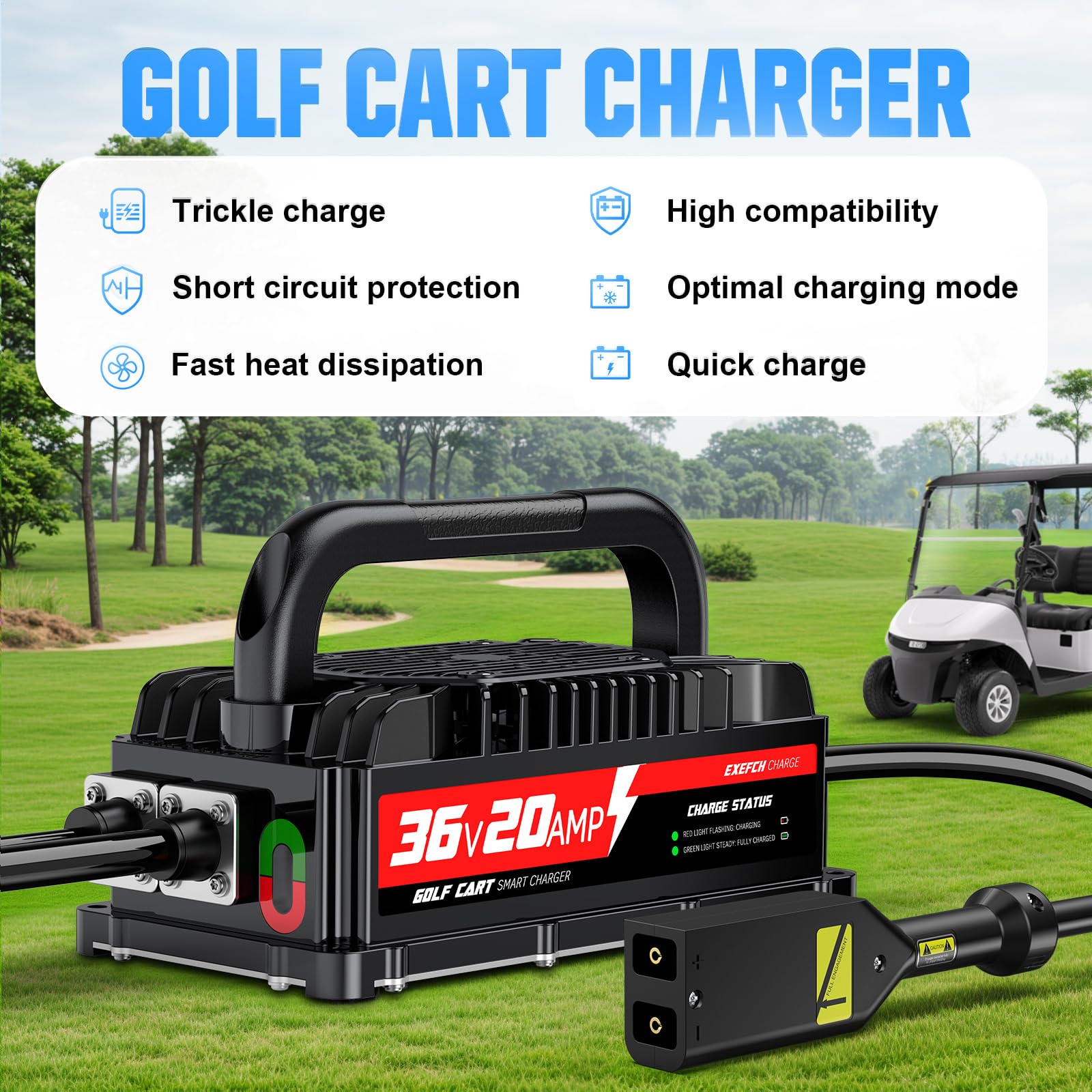 36V Golf Cart Battery Charger for EZGO TXT with 2-Pin D Style Plug - 20A Smart Trickle Charger, 800W Fast Charging, 17FT Cable - Compatible with Lead Acid Batteries - Perfect for Home, Golf Course, and RV Use