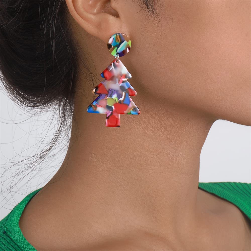 Lightweight Acrylic Christmas Tree Dangle Earrings for Women - Festive Holiday Drop Earrings with Round Triangle Design, Bohemian Retro Jewelry Gift for BFF, Daughter, Sister - Perfect for Christmas Parties, Office Celebrations & Festive Gatherings