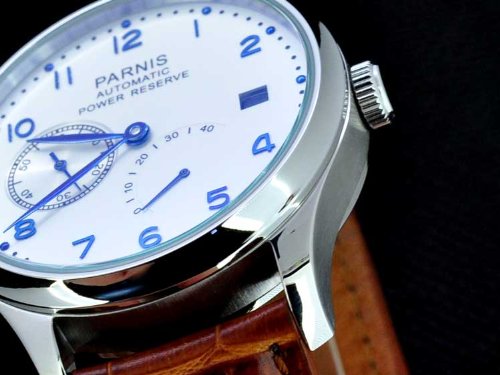 FANMIS Automatic Men's Watch with Power Reserve, White Dial & Blue Numbers, Date Calendar - Perfect for Business, Casual & Formal Occasions
