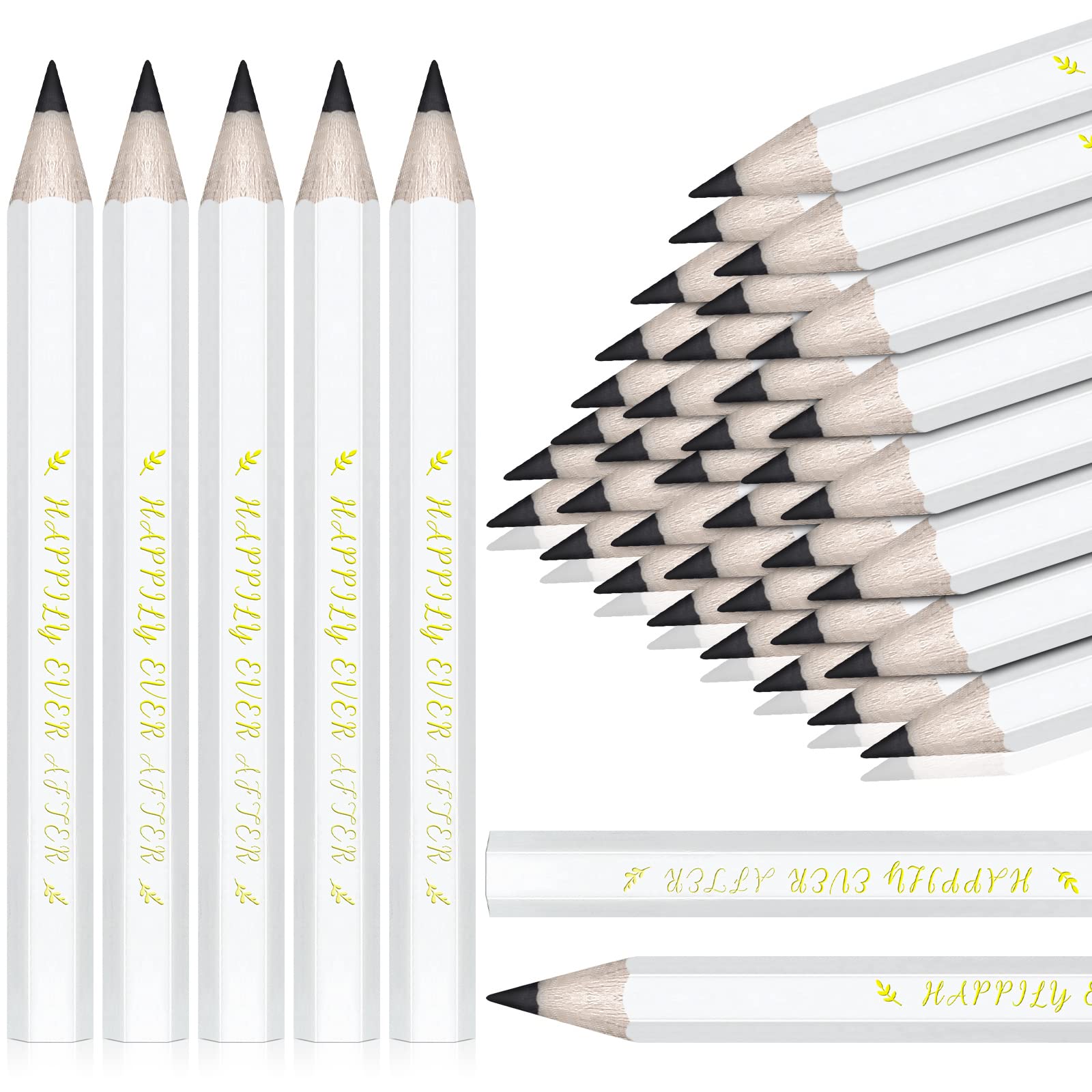 Gersoniel 50-Pack White Half Pencils with Erasers - Happily Ever After Mini Golf Pencils, Hexagonal Pre-Sharpened 3.4 Inch Short Pencils for Kids, Students & Children - Perfect for Classroom, Party Favors, Mini Golf & Wedding Decorations