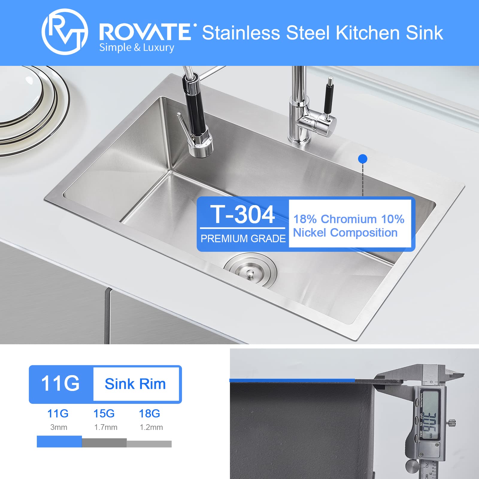 ROVATE 28×18 Inch Drop-in Kitchen Sink - Handmade 304 Stainless Steel Single Bowl Sink, 18 Gauge 9 Inch Deep Topmount with Basket Strainer - Perfect for Modern Farmhouse, Apartment & RV Kitchens