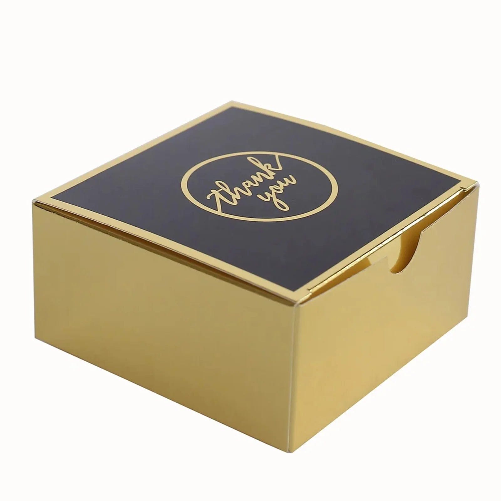 25 Pack 4x4 Inch Square Favor Boxes with Thank You Print - Gold and Black Gift Holders for Weddings, Parties & Special Events