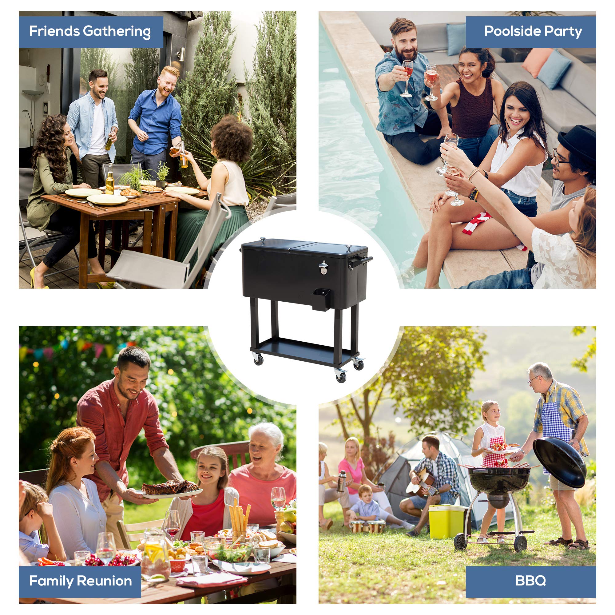 Outsunny 80 QT Rolling Cooler with Wheels - Portable Outdoor Ice Chest for Camping, Beach, BBQ & Tailgate Parties - Insulated Stand-Up Drink Cooler Cart in Black