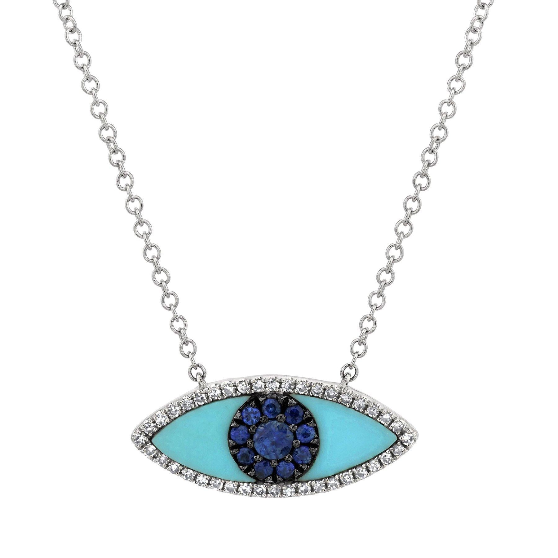 14K Gold 0.74 CTW Blue Sapphire Diamond & Composite Turquoise Evil Eye Necklace - Protection Jewelry for Women, Gift for Her, Boho Chic Style Accessory
