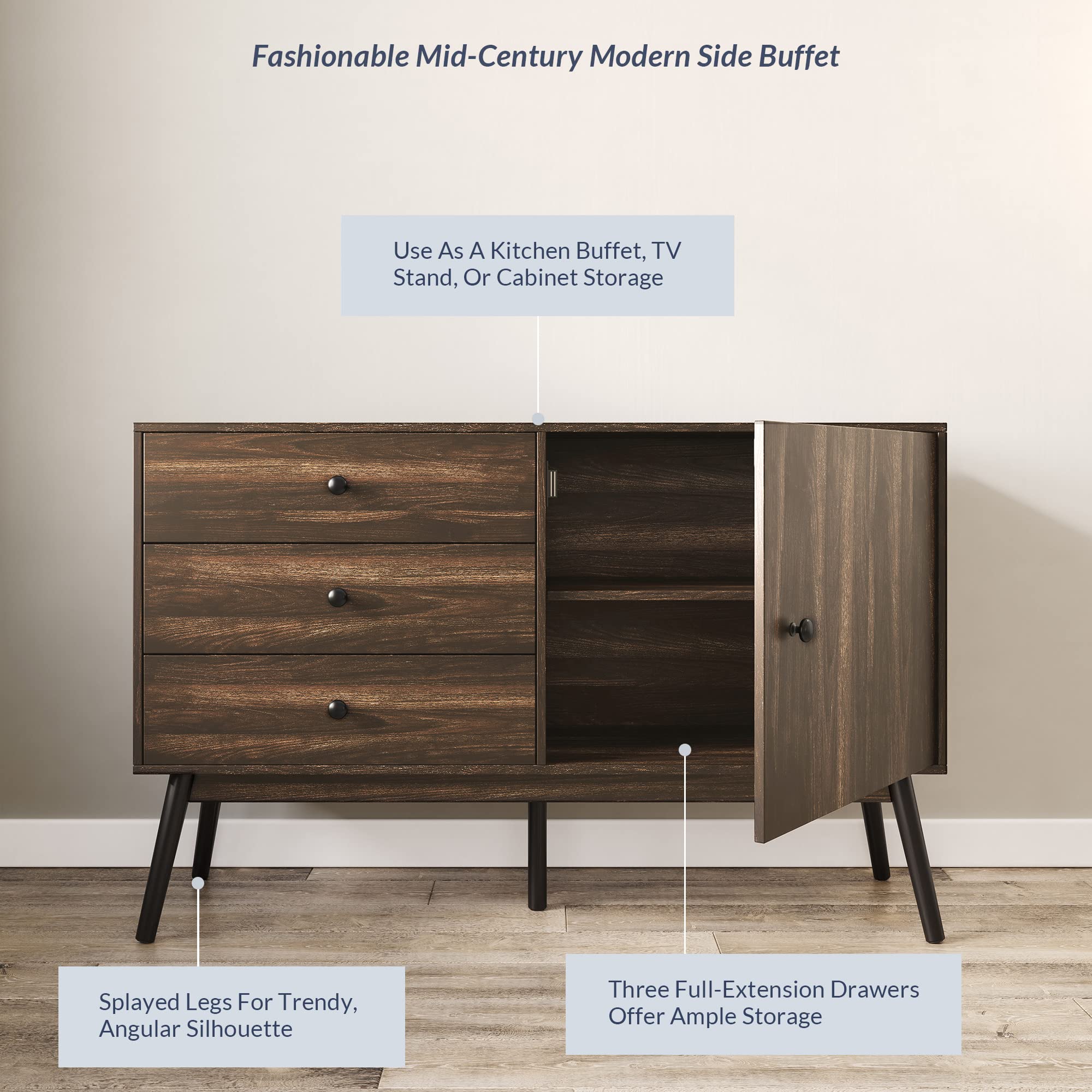 BELLEZE Mid Century Modern 52 Inch Sideboard Buffet Cabinet with Drawers - Dark Walnut TV Stand Entertainment Center for Living Room, Kitchen & Dining Room Storage Solution