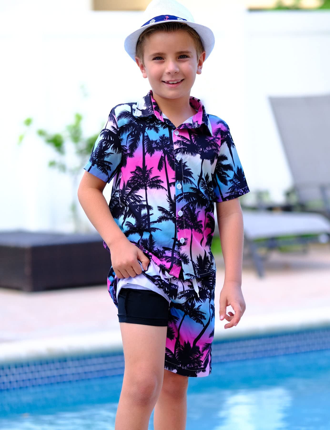 UNICOMIDEA Boys Hawaiian Shirt & Swim Trunks Set - Tropical Print 2-Piece Outfit for Kids 5-12 Years | Beach Vacation, Summer Party, Poolside Fun